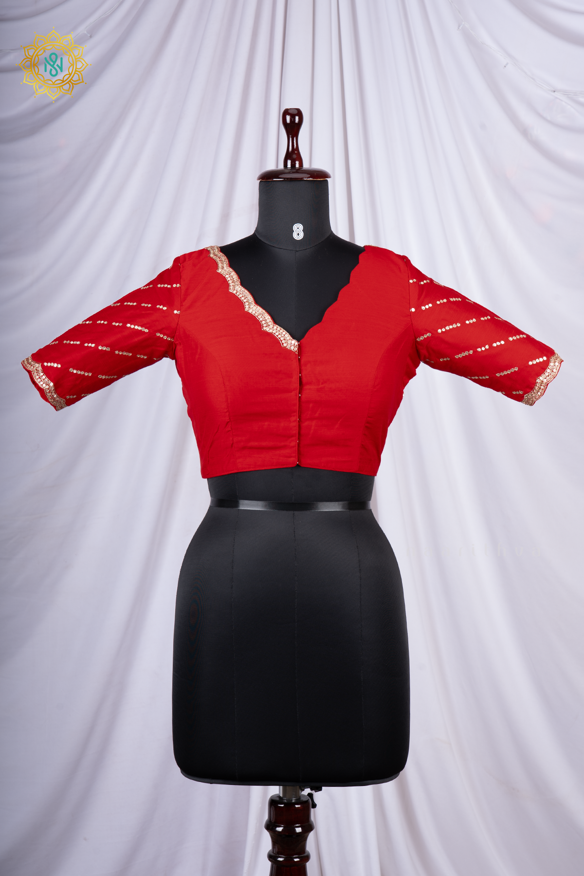 Red Cotton Silk Readymade Blouse with a Scalloped Neckline and Sequin Work