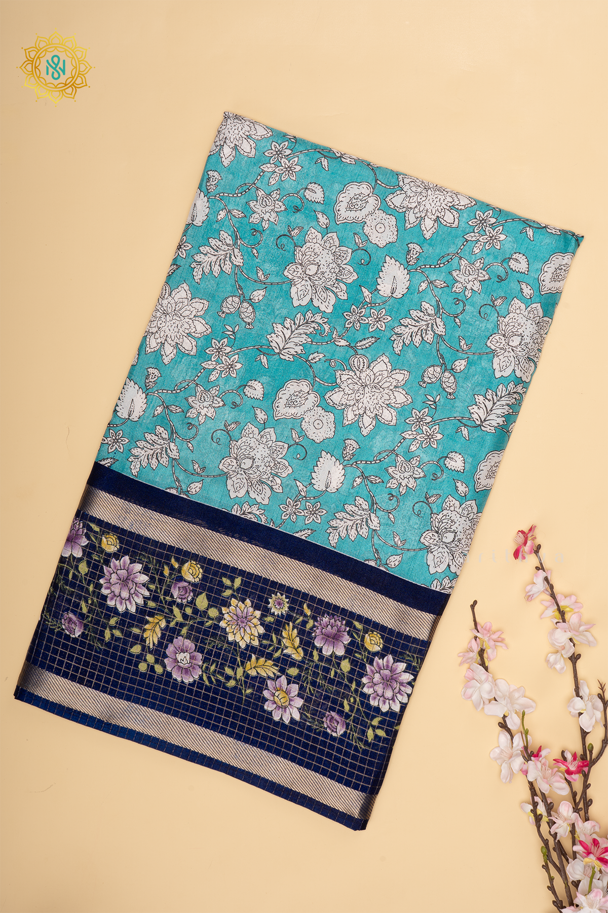 Sky Blue With Navy Blue Dola Silk Saree With Printed Body And Contrast Zari Checks Border
