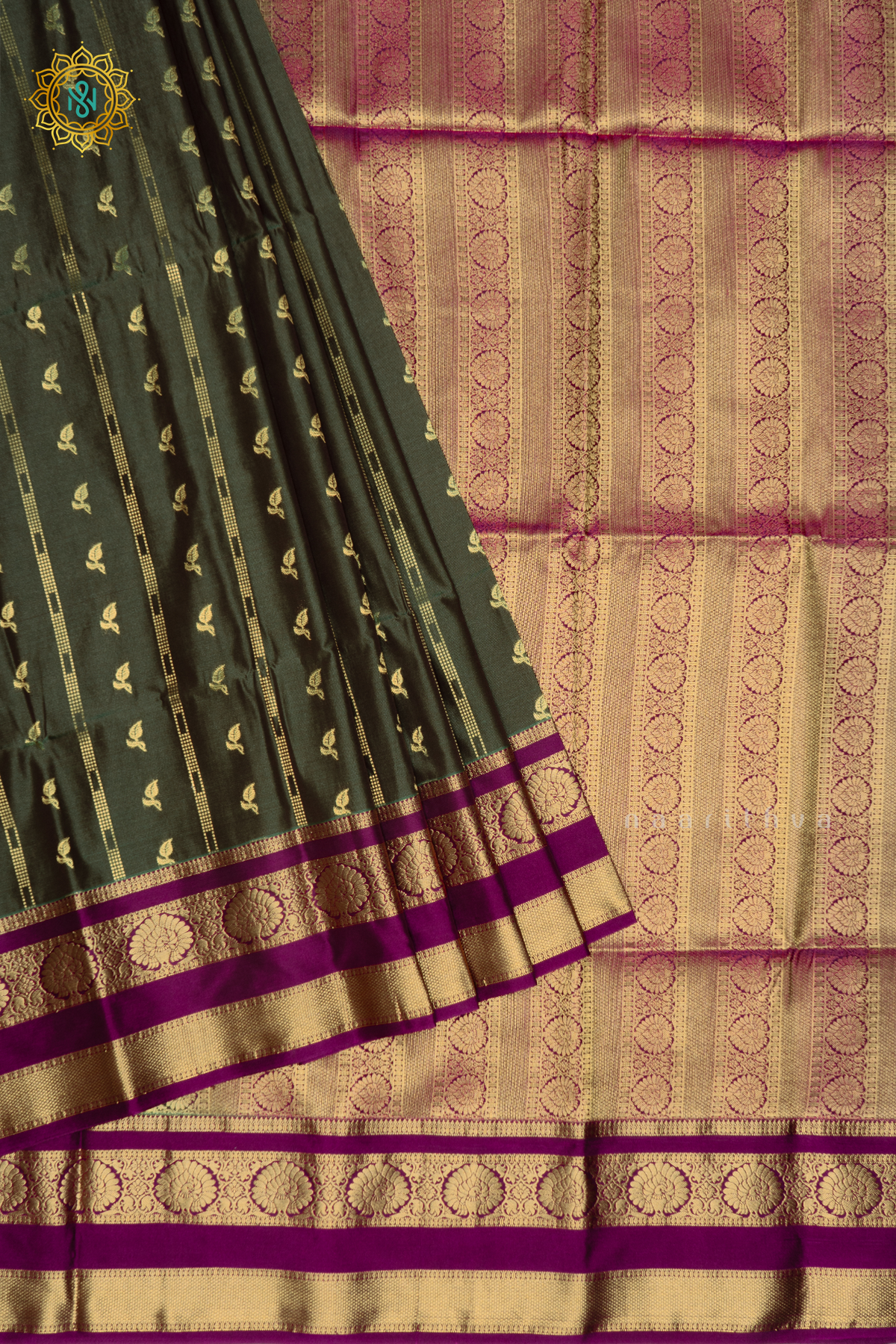 OLIVE GREEN WITH MAGENTA - SEMI KANCHI SAREE ALLOVER ZARI BUTTAS AND CONTRAST GAP BORDER