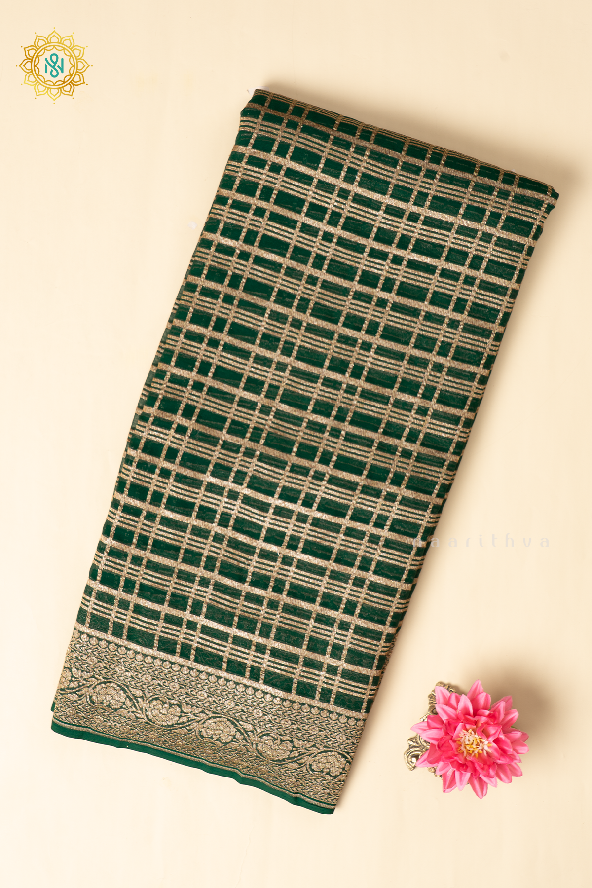 Green Pure Banarasi Khaddi Georgette Allover Antique Zari Checks On The Body With Contrast Zari Border & Pallu