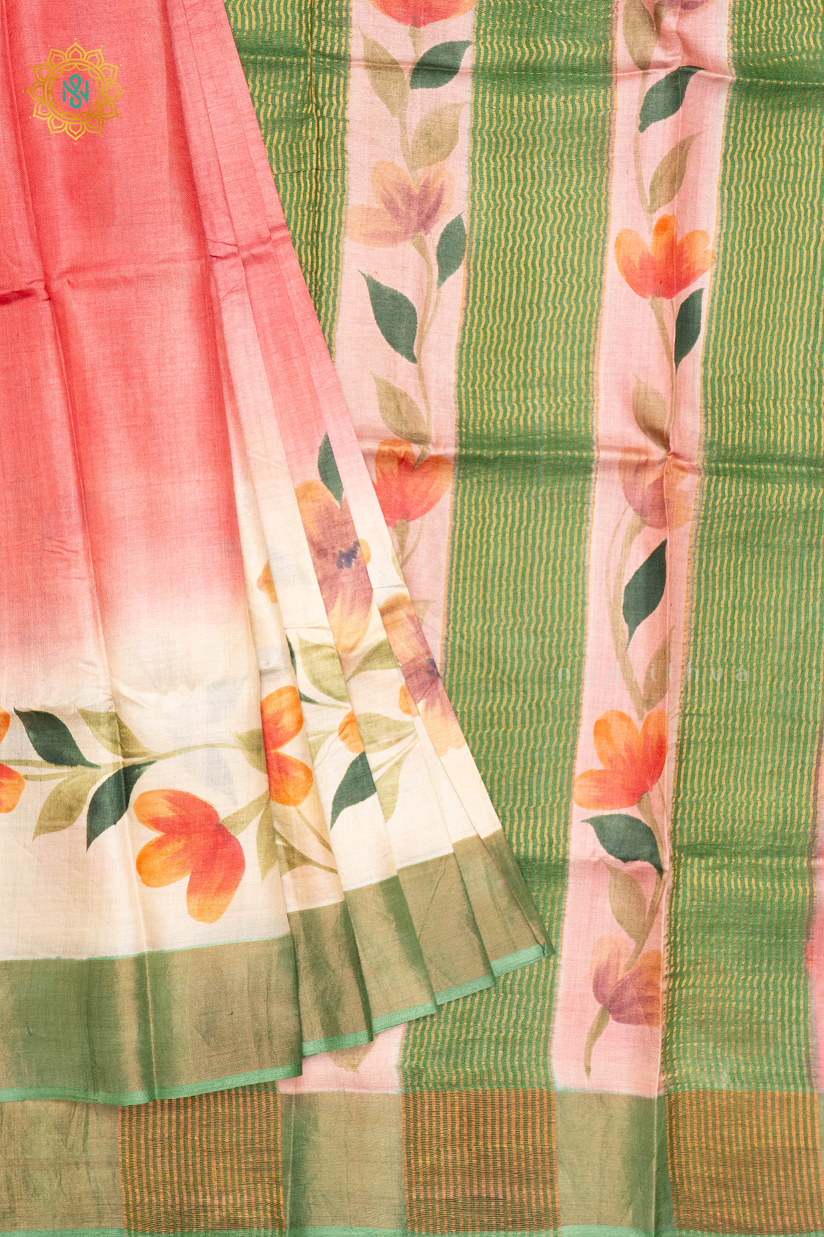 PEACH WITH SAGE GREEN - PURE TUSSAR SILK WITH HAND PAINTED