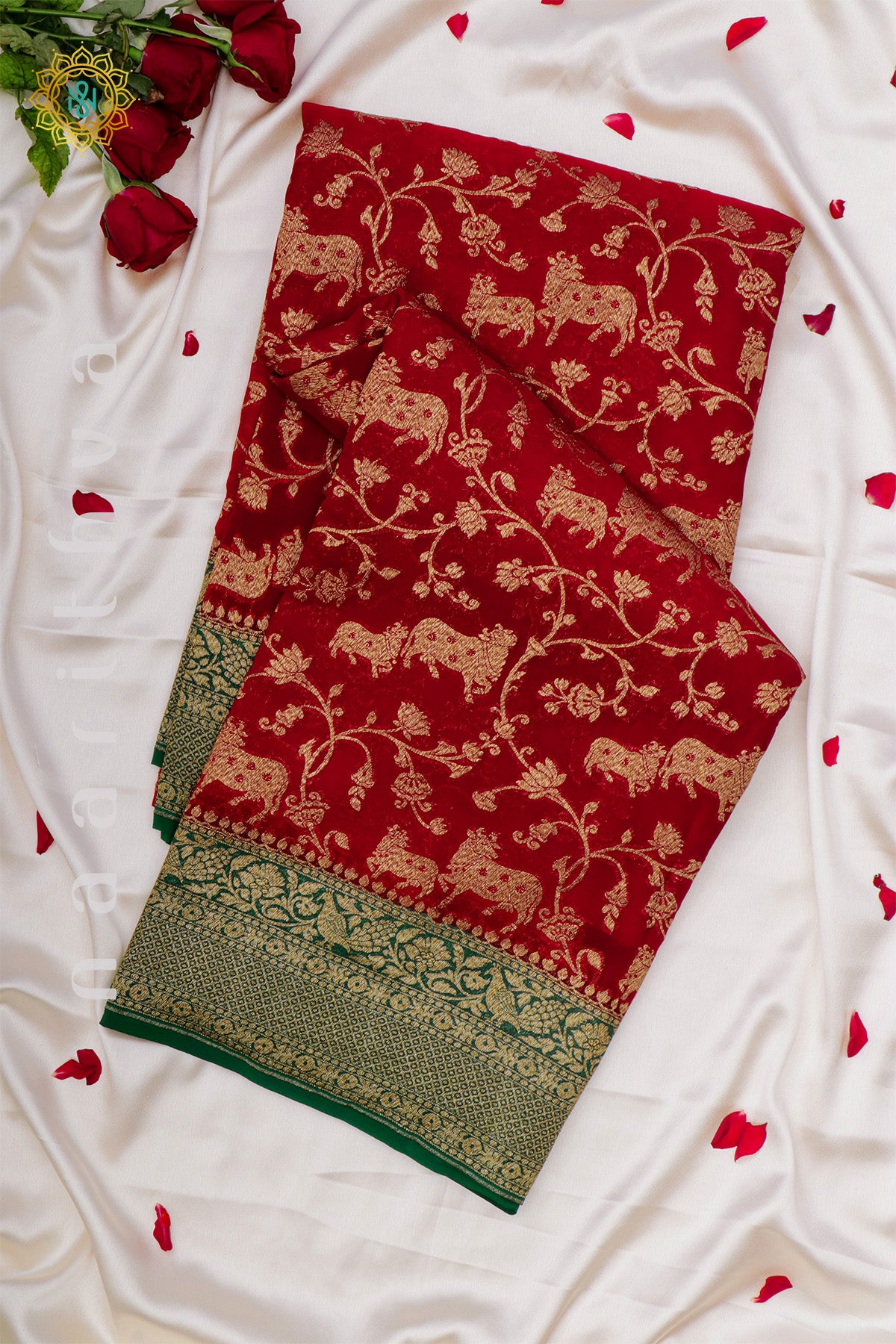 RED WITH GREEN - PURE HANDLOOM KHADDI GEORGETTE BANARAS