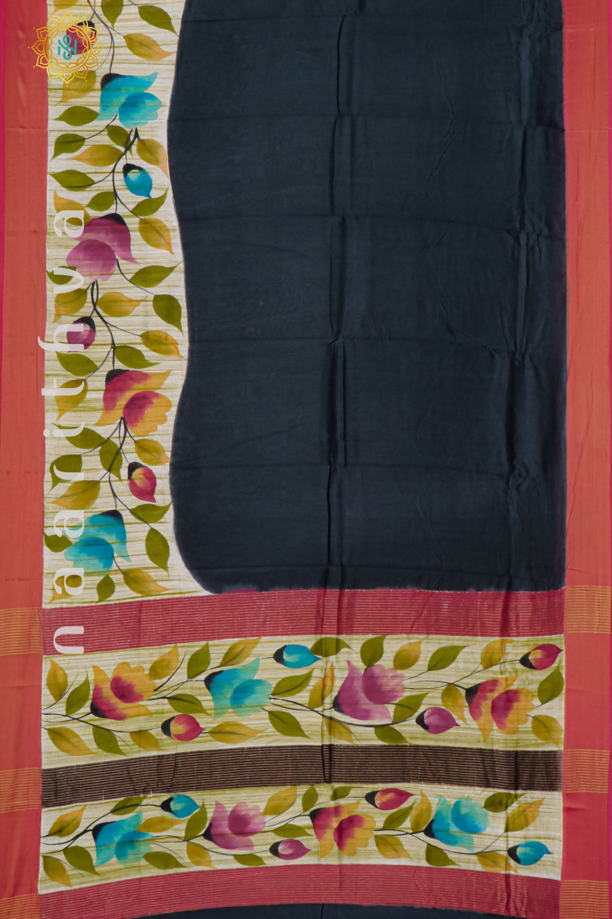 BLACK WITH REDDISH PINK - CHANDERI SILK WITH HAND PAINTED