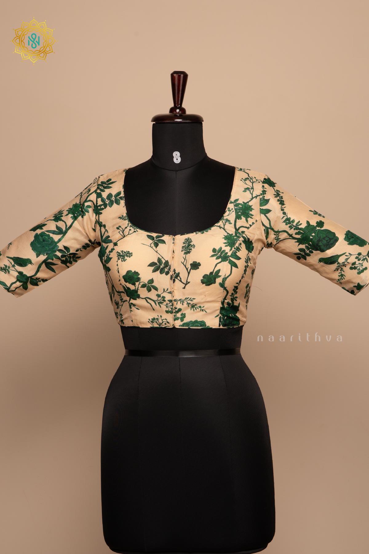 Beige With Green - Dola Silk Readymade Blouse With Floral Prints