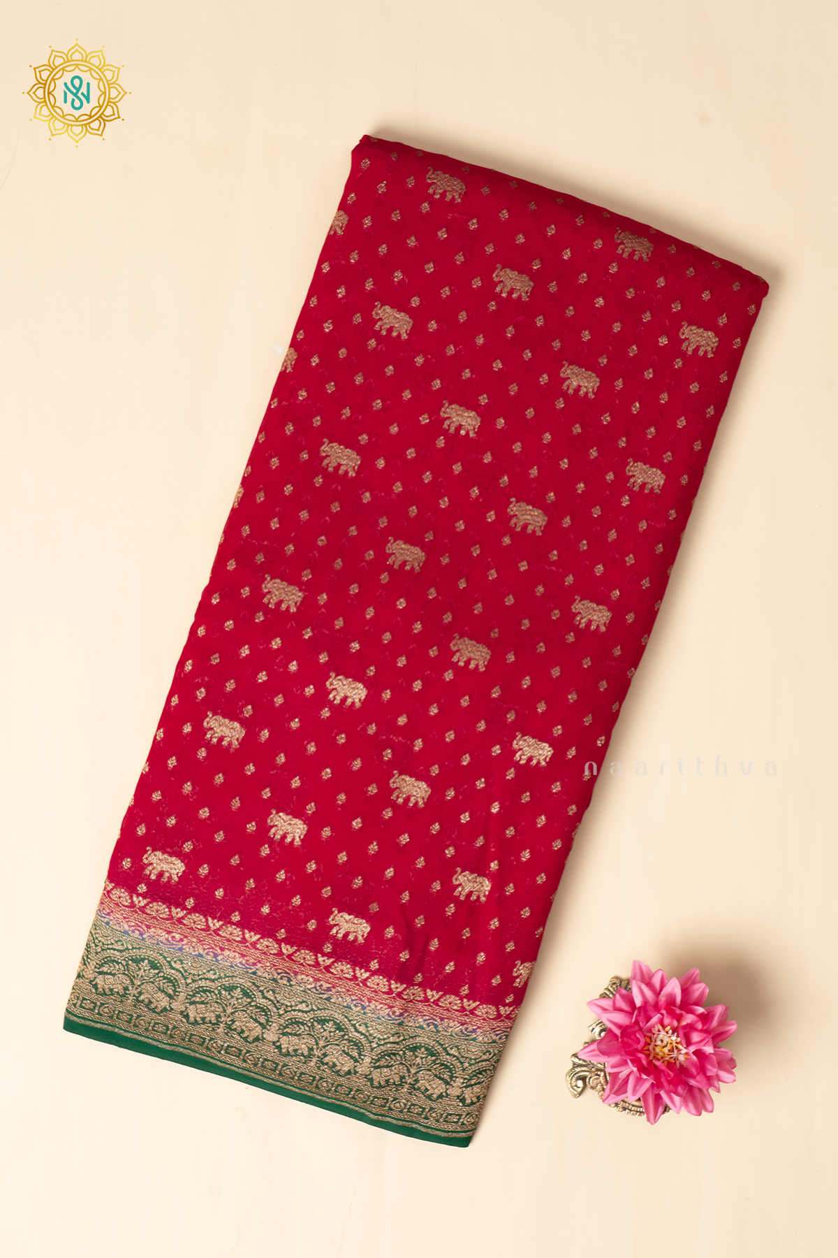 Red With Green Pure Banarasi Khaddi Georgette Allover Antique Zari Buttas On The Body With Contrast Zari Border & Pallu