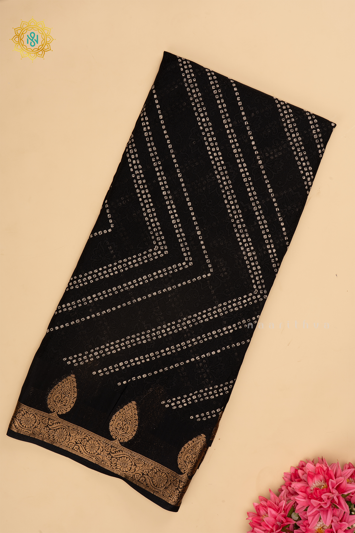BLACK - SEMI GEORGETTE ALLOVER BANDHANI PRINTED BODY WITH ZARI BORDER