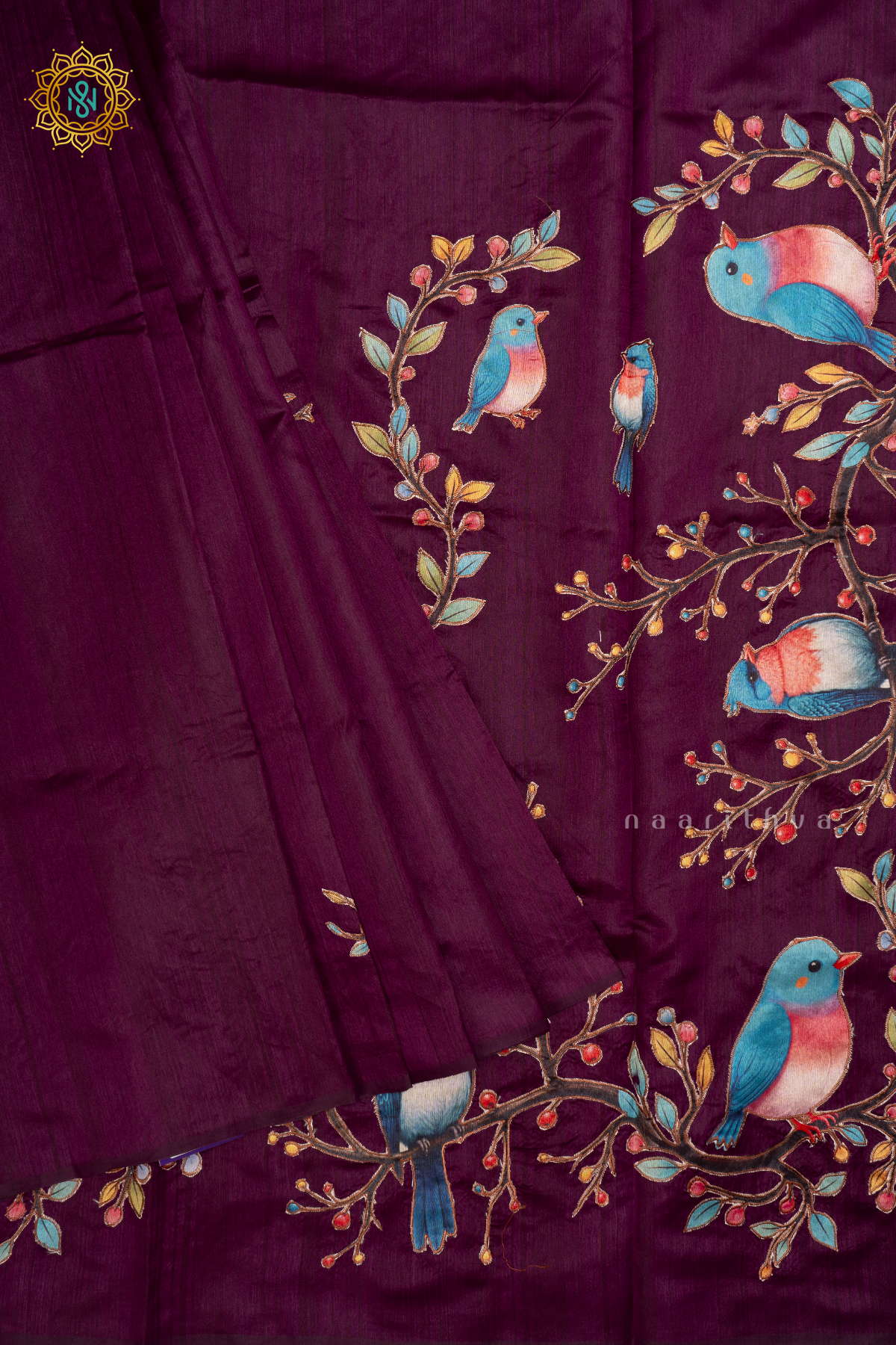 WINE - SEMI TUSSAR SILK SAREE WITH APPLIQUE WORK AND DUAL BLOUSE