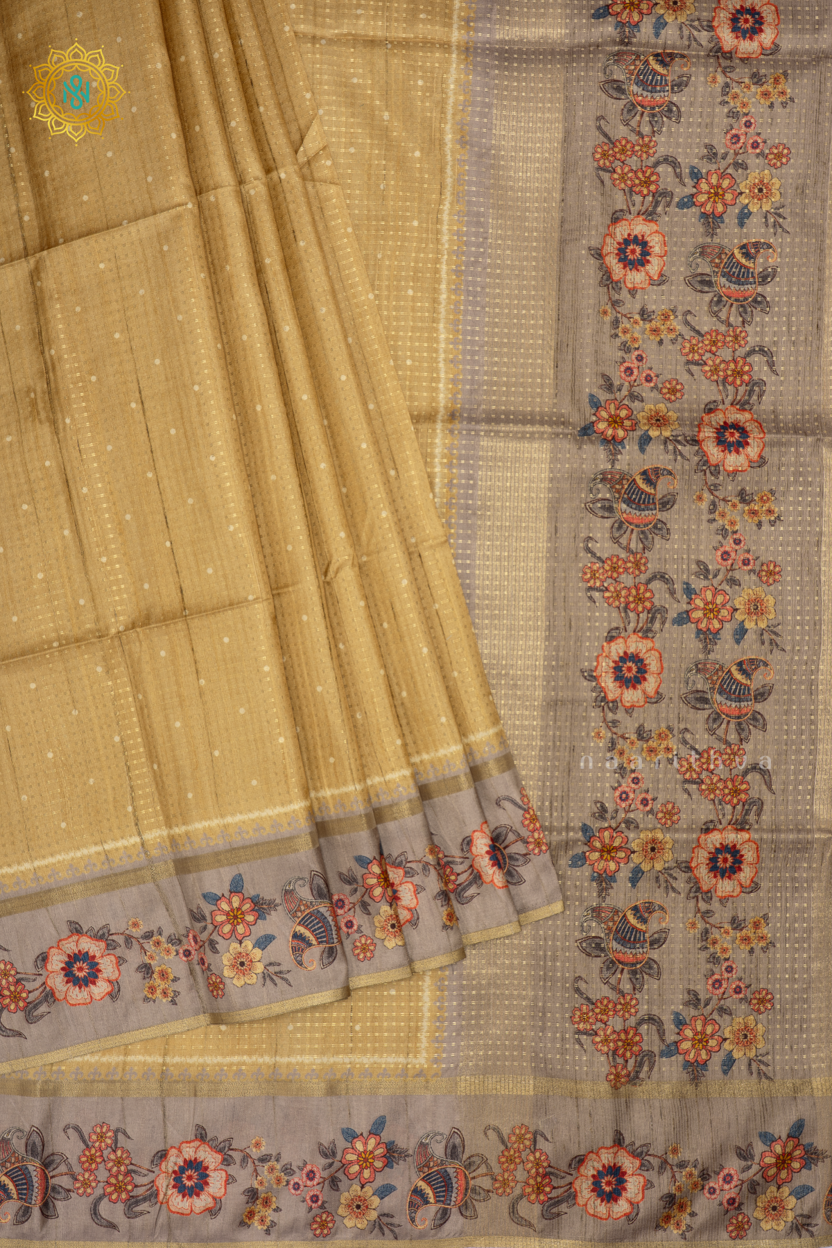 YELLOW WITH BEIGE - SEMI TUSSAR SILK