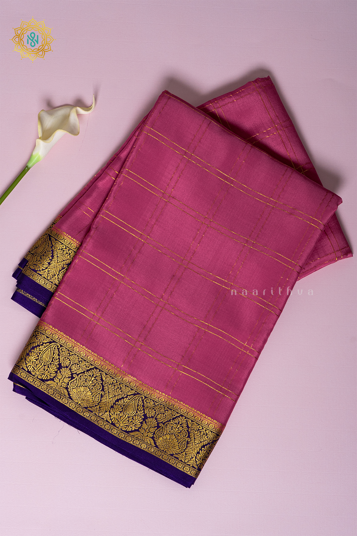 PEACHISH PINK WITH BLUE - PURE MYSORE CREPE SILK
