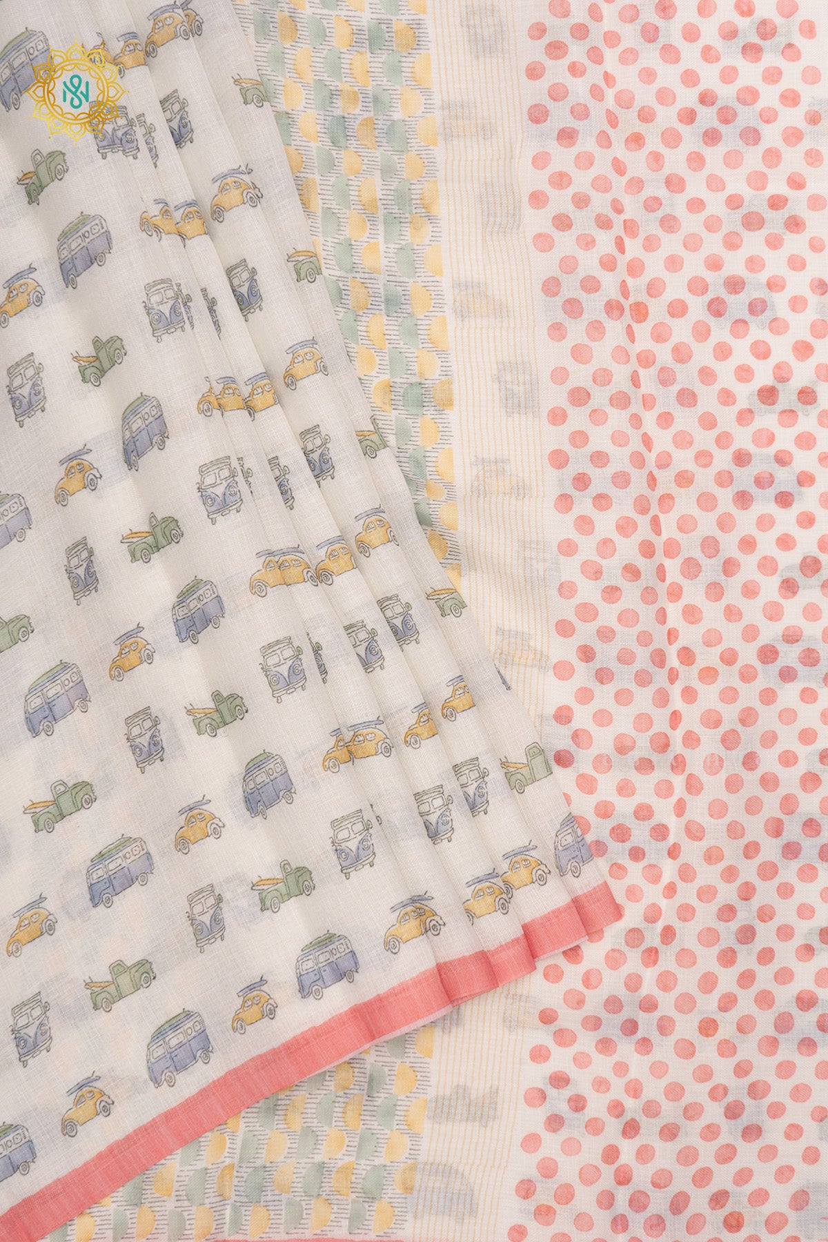 White with Peachish Pink Linen Cotton Saree with Allover Pastel Vintage Vehicle Prints and Contrast Border