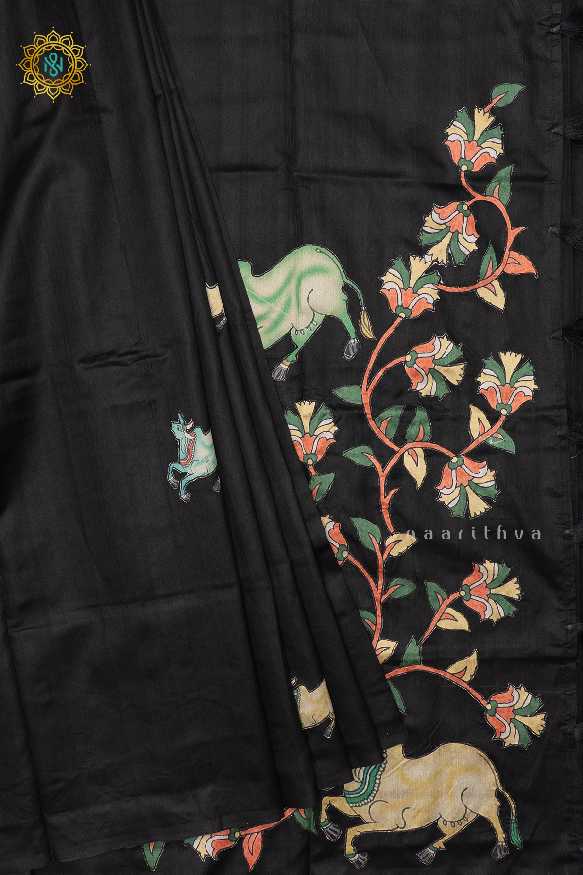 BLACK WITH WHITE - SEMI TUSSAR SILK
