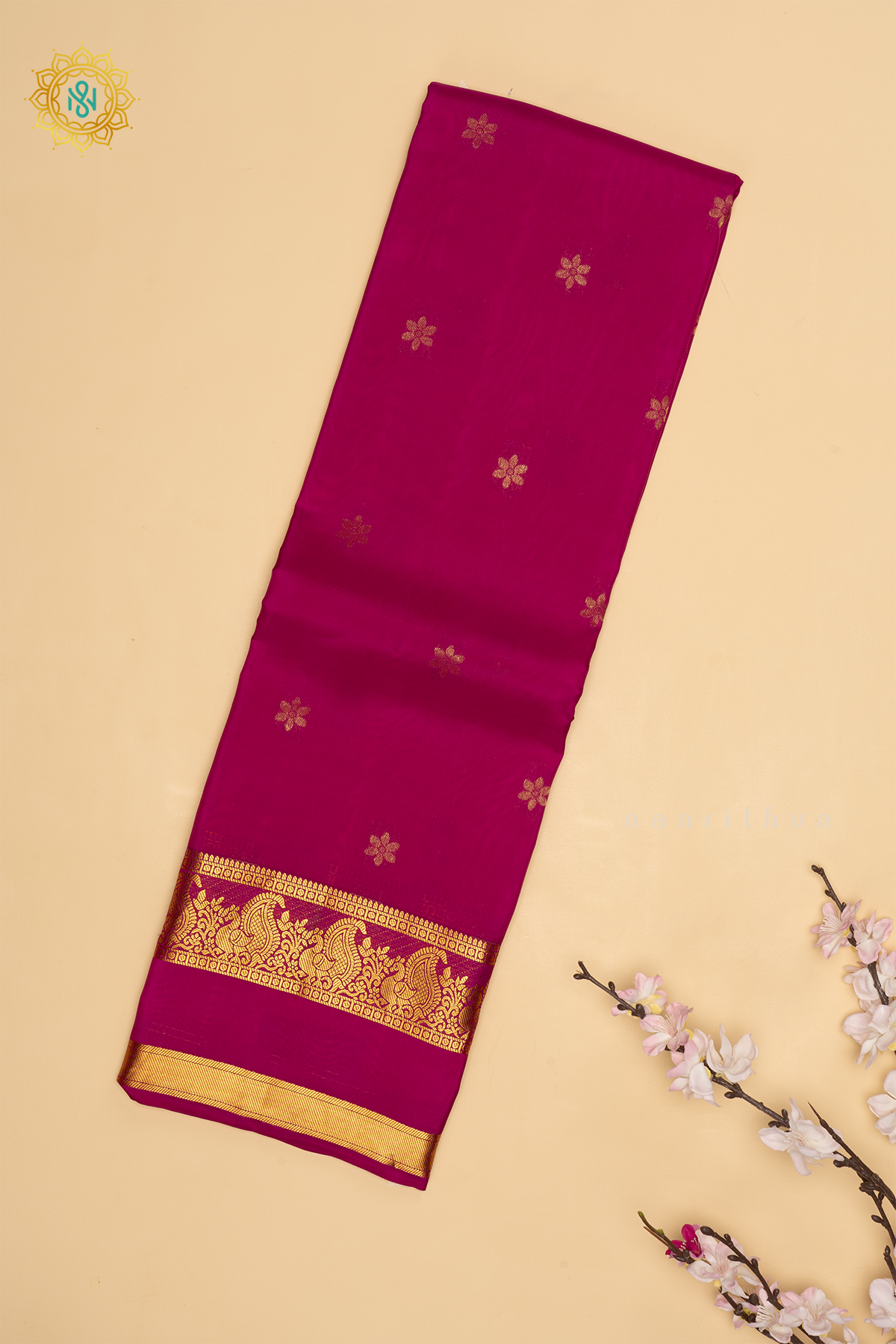 Rani Pink with Sky Blue Pure Mix Kanjivaram Silk Saree with Zari Woven Buttas and Zari Woven Gap Border With Contrast Pallu & Blouse