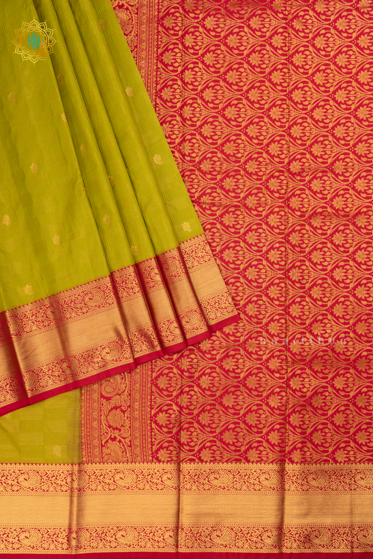 Parrot Green with Pink Semi Kanchi Saree With Zari Buttas All Over And Contrast Zari Border