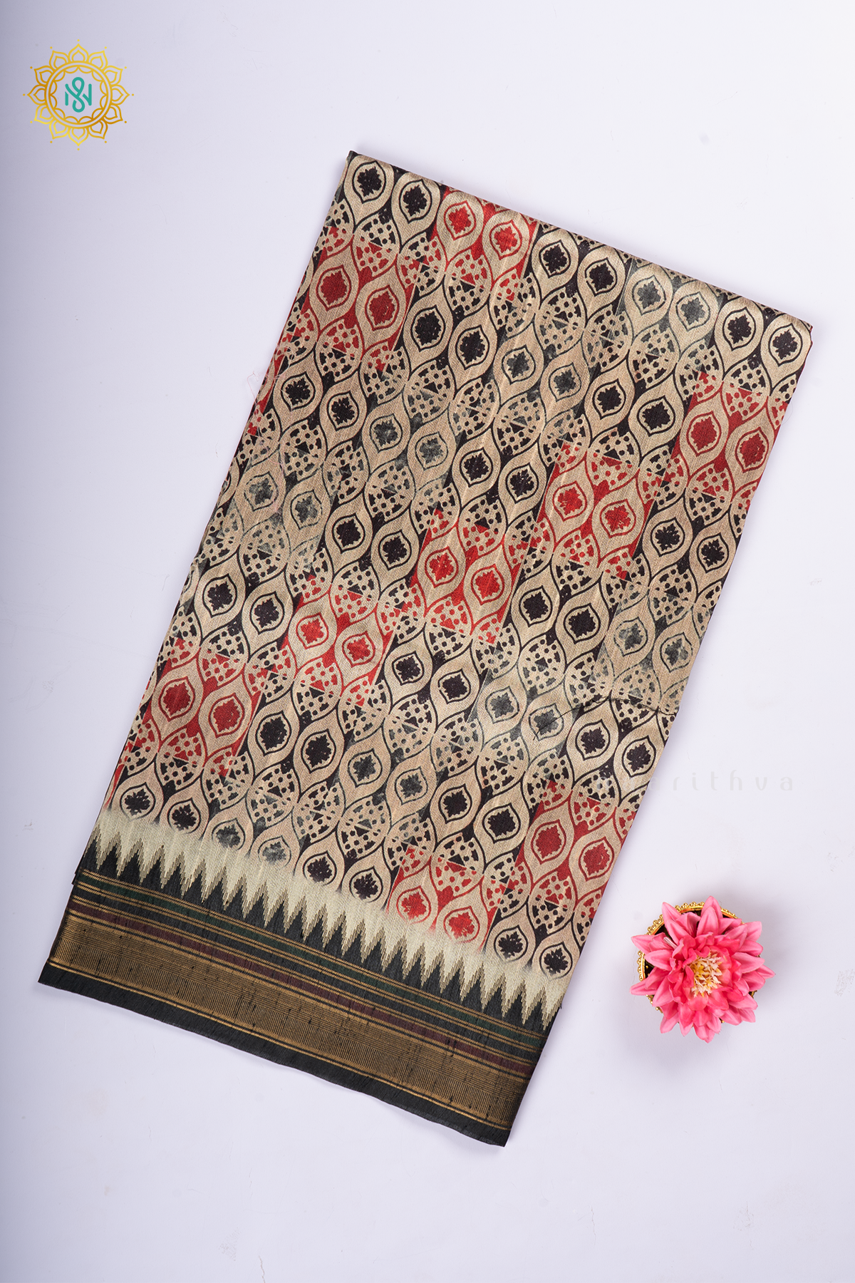 Black Semi Tussar Silk With Printed Body With Zari Border & Pallu