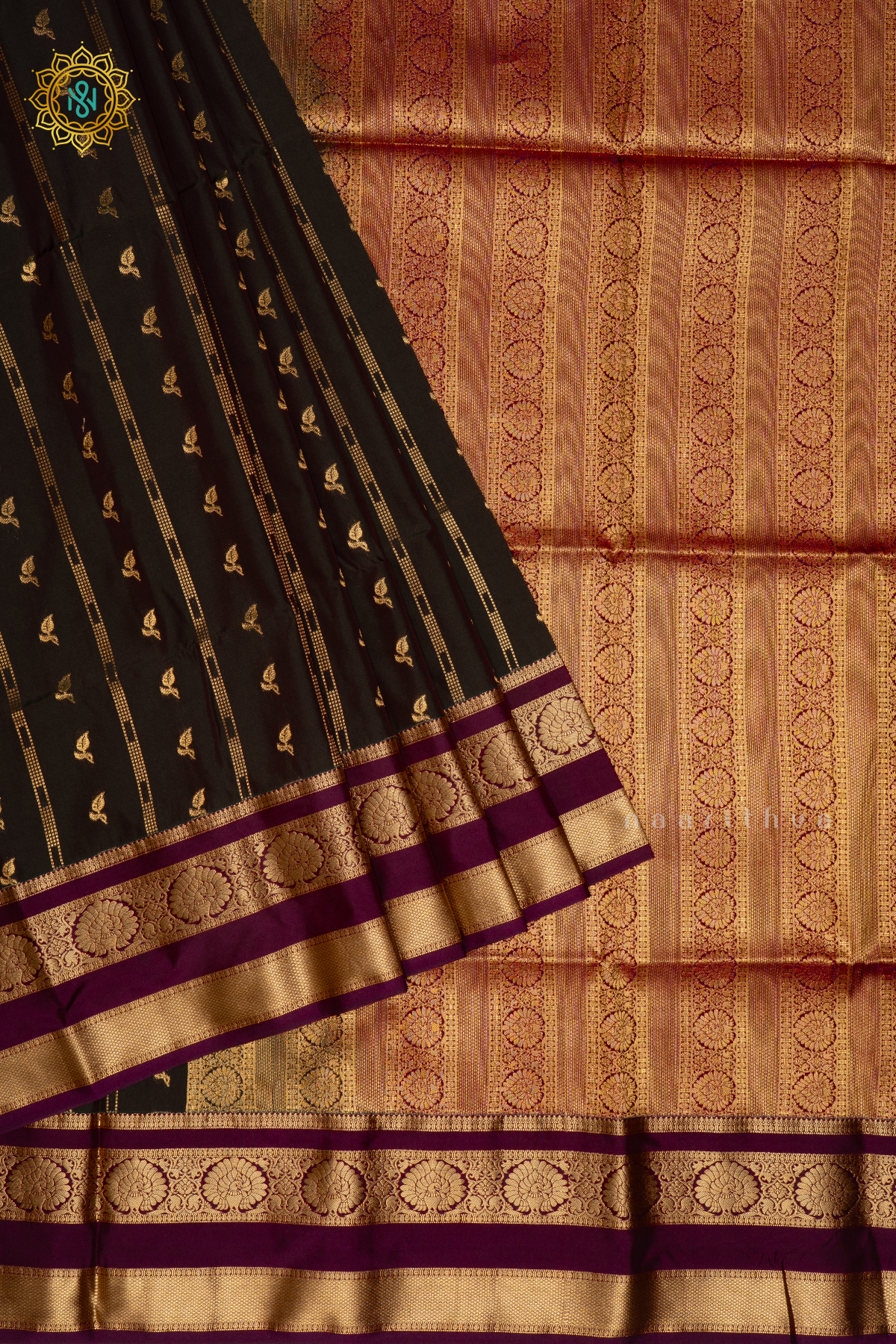GREY WITH MAGENTA - SEMI SOFT SILK SAREE ALLOVER ZARI BUTTAS AND CONTRAST GAP BORDER