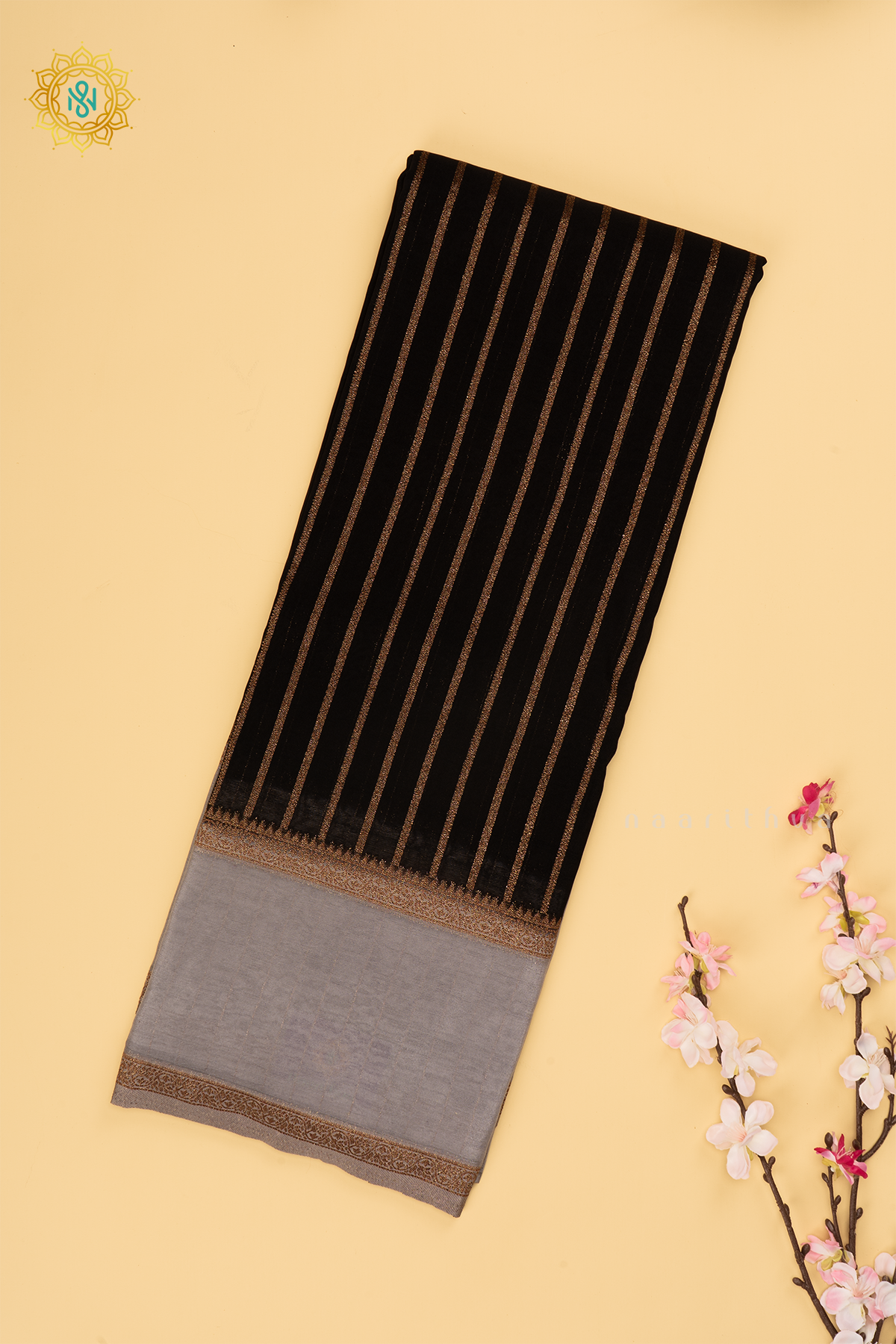 Black with Grey Semi Chiffon Georgette Saree with Allover Zari Stripes and Zari Gap Border