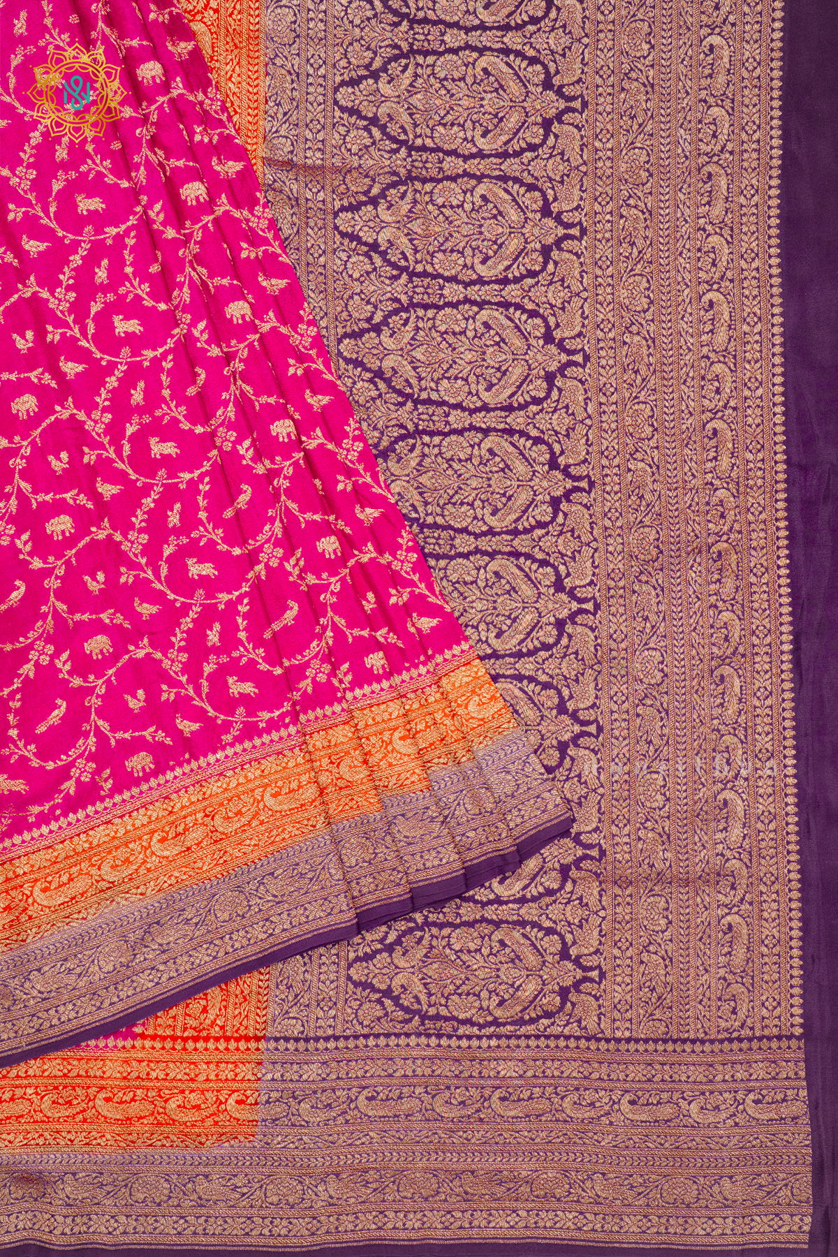 PINK WITH ORANGE & PURPLE - PURE BANARASI CREPE SILK