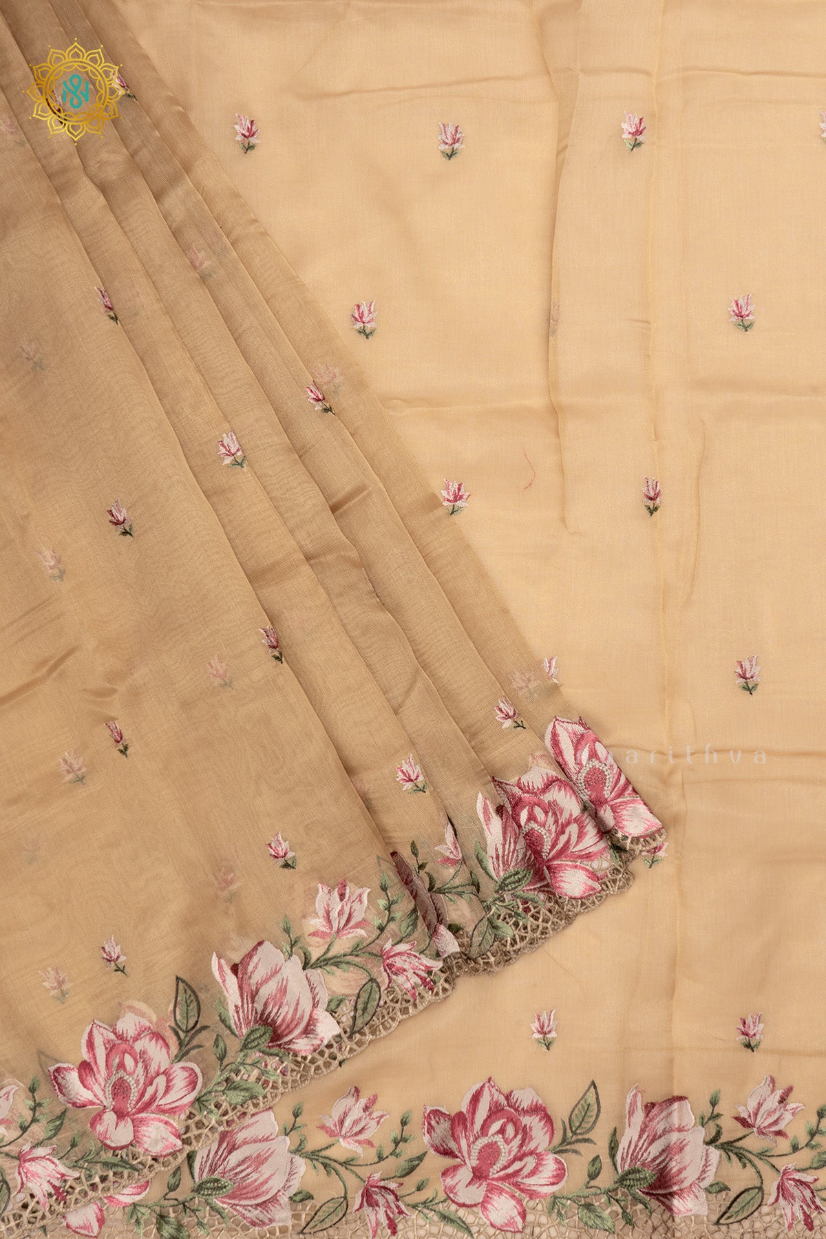Beige Organza Tissue Saree Allover Embroidery Buttas with Cutwork and Embroidery Border