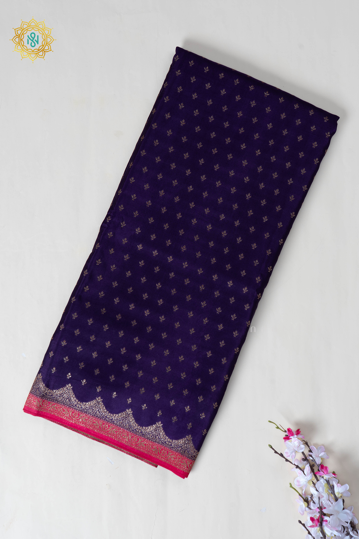 Purple with Pink Semi Crepe Silk with Allover Woven Buttas and Contrast Scallop Zari Border,Pallu and Blouse