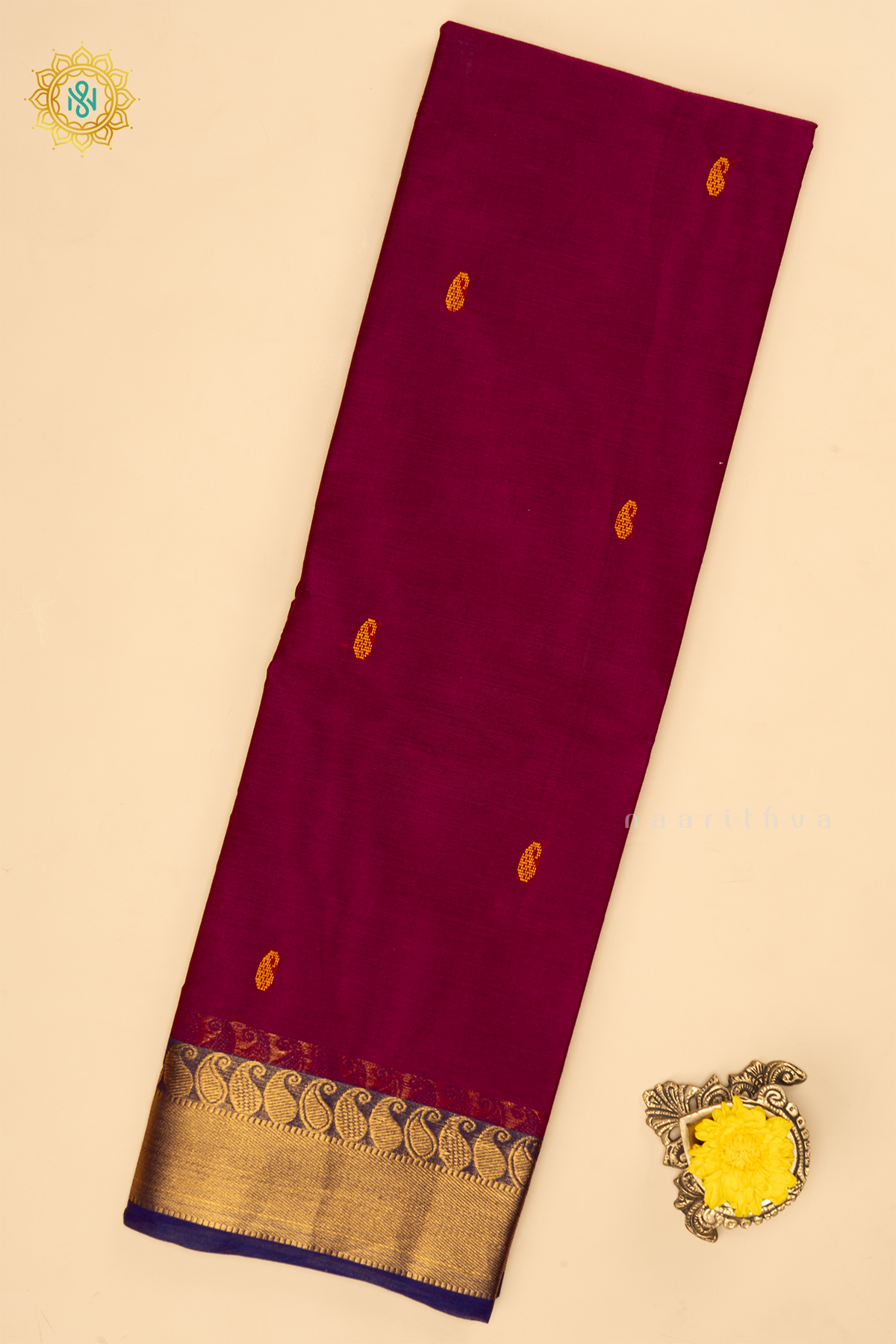 Magenta With Navy Blue - Chettinad Cotton Saree Allover Thread Woven Buttas With Contrast Zari Border