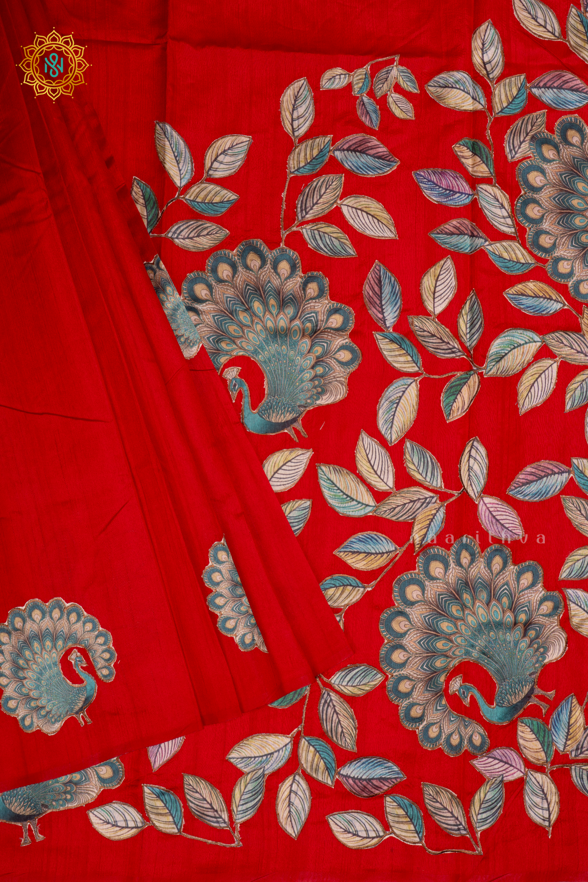 RED - SEMI TUSSAR SILK WITH APPLIQUE WORK