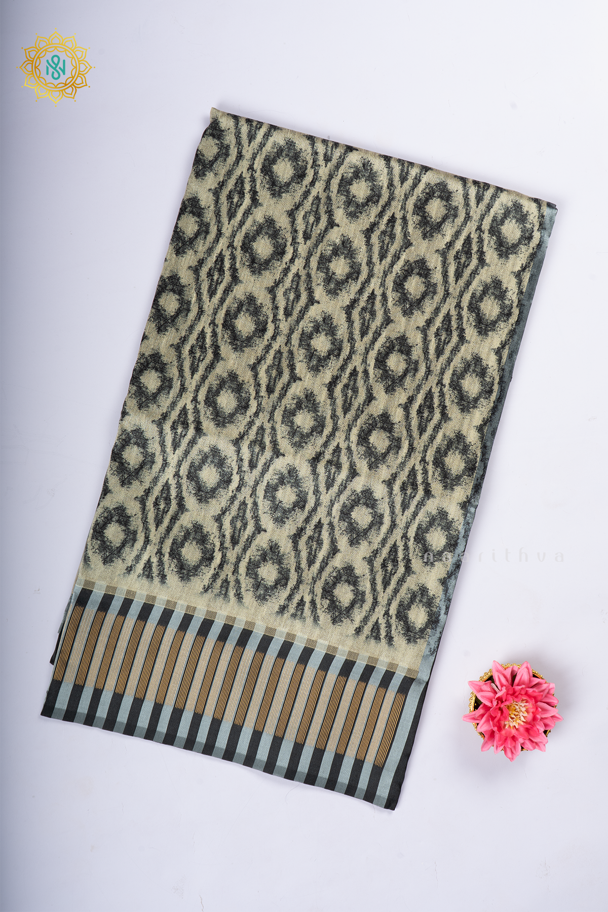 Black Semi Tussar Silk With Printed Body With Zari Border & Pallu