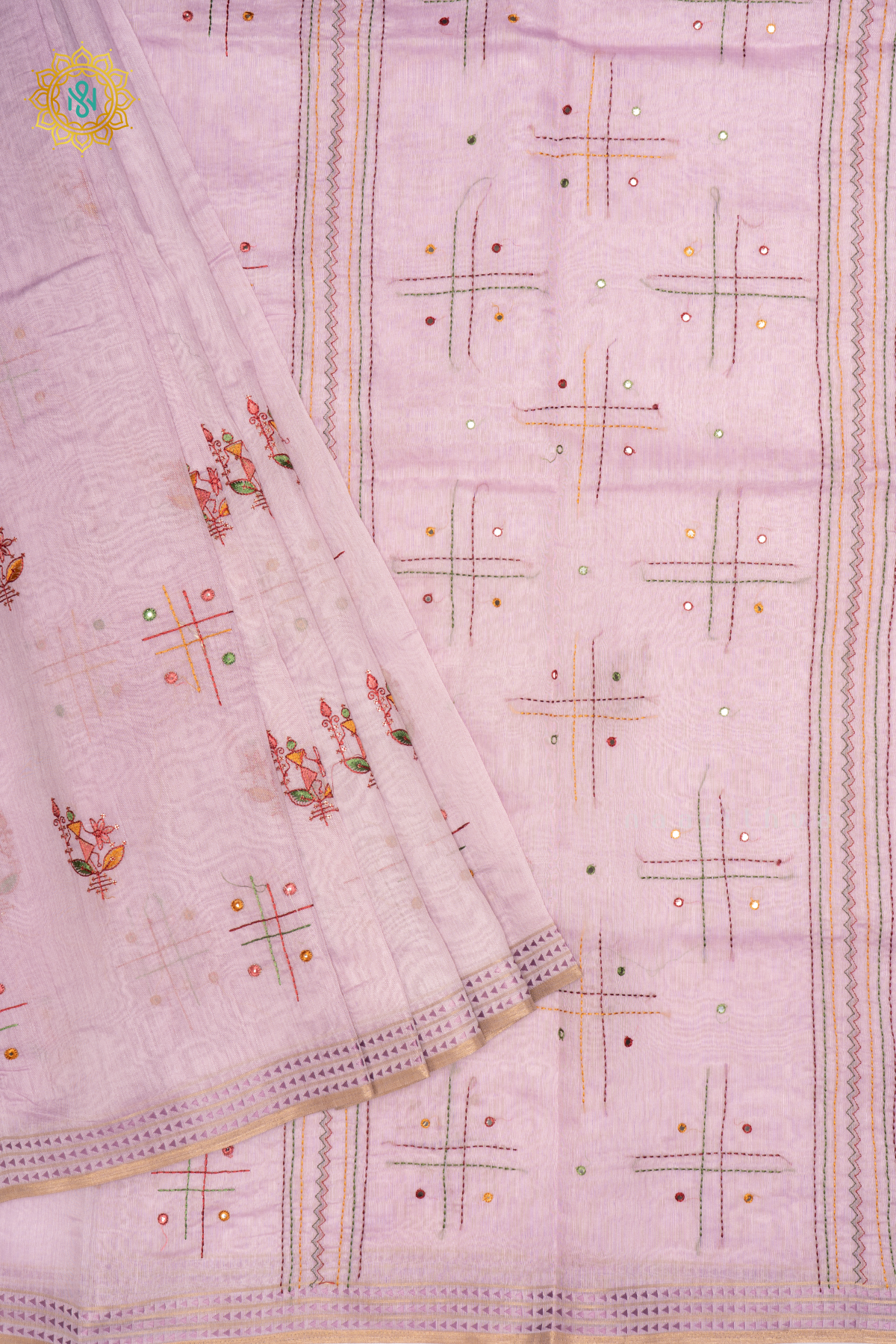 LIGHT PINK - CHANDERI  COTTON SAREE WITH EMBROIDERY BUTTAS,  PALLU AND THREAD WOVEN BORDER
