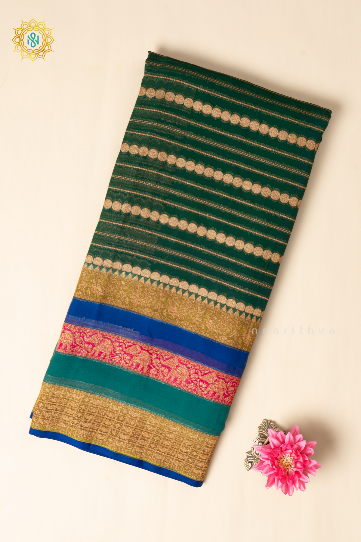 Green With Royal Blue & Pink, Aqua Green Pure Banarasi Khaddi Georgette Allover Antique Zari Stripes On The Body With Contrast Zari Border & Pallu In 4D Pattern