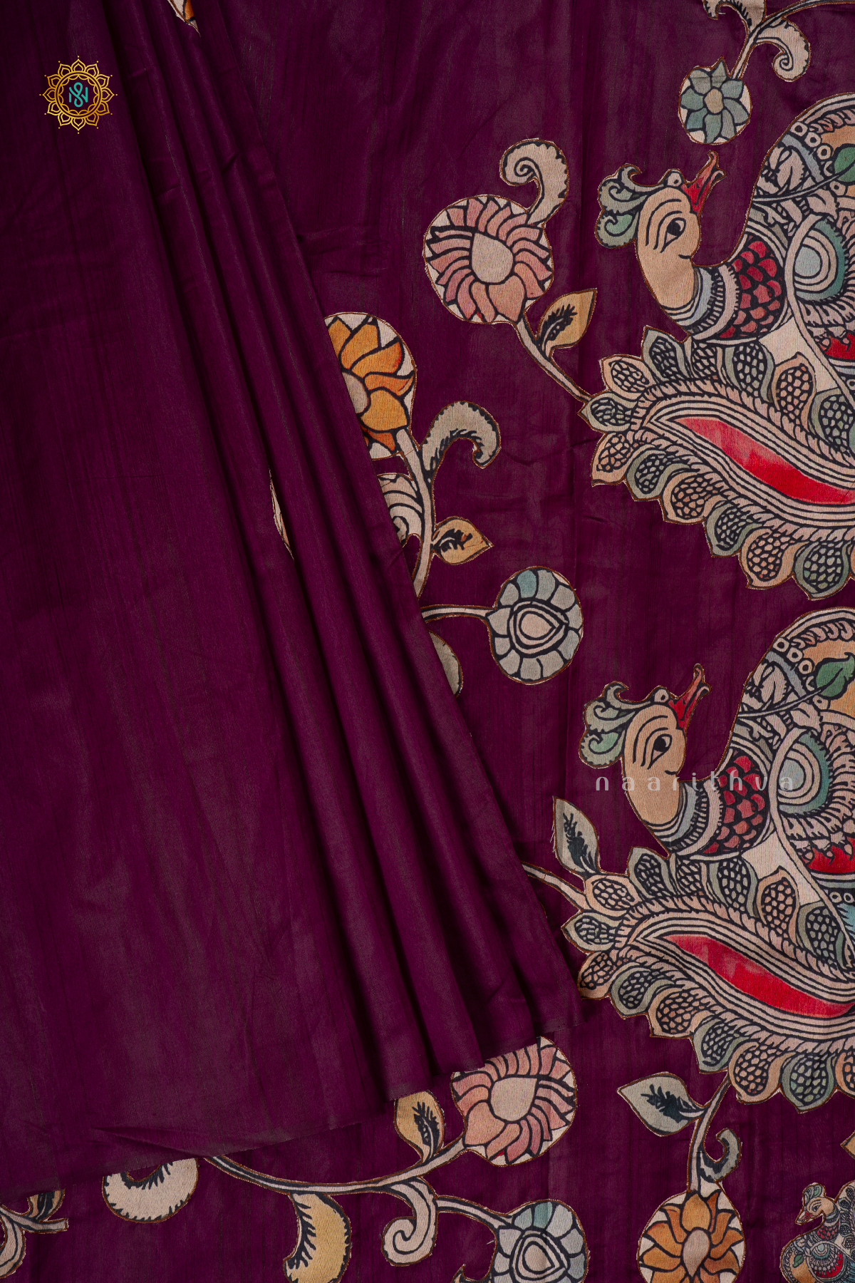 WINE - SEMI TUSSAR WITH APPLIQUE WORK