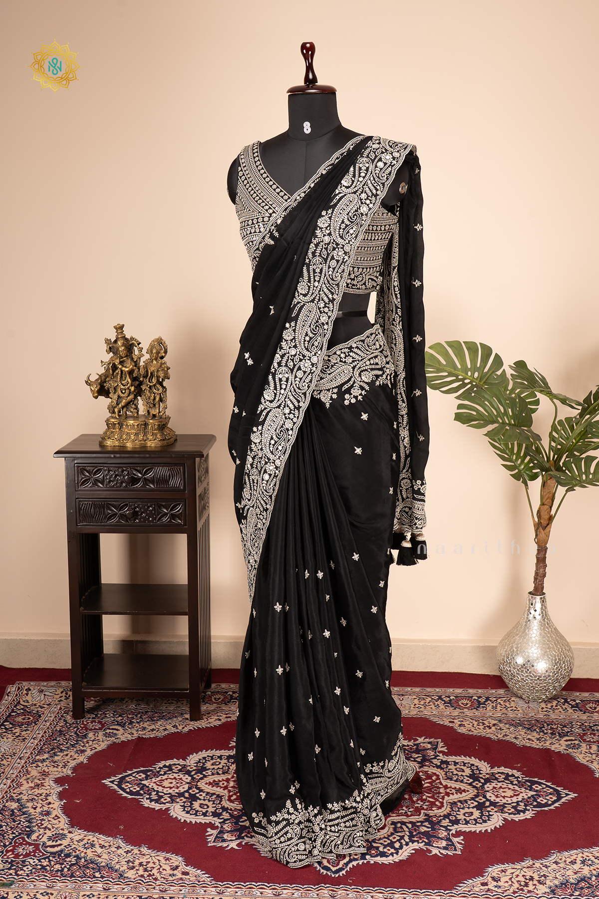 BLACK - CREPE PARTY WEAR SAREE WITH READYMADE BLOUSE