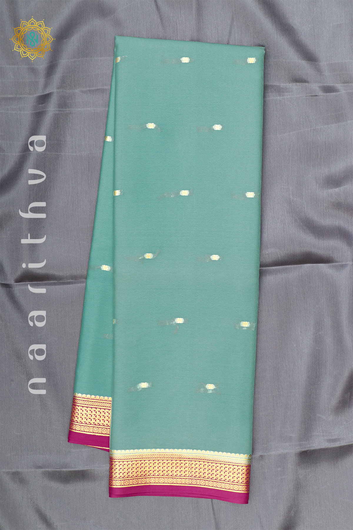 AQUA GREEN WITH PINK - PURE MYSORE CREPE SILK