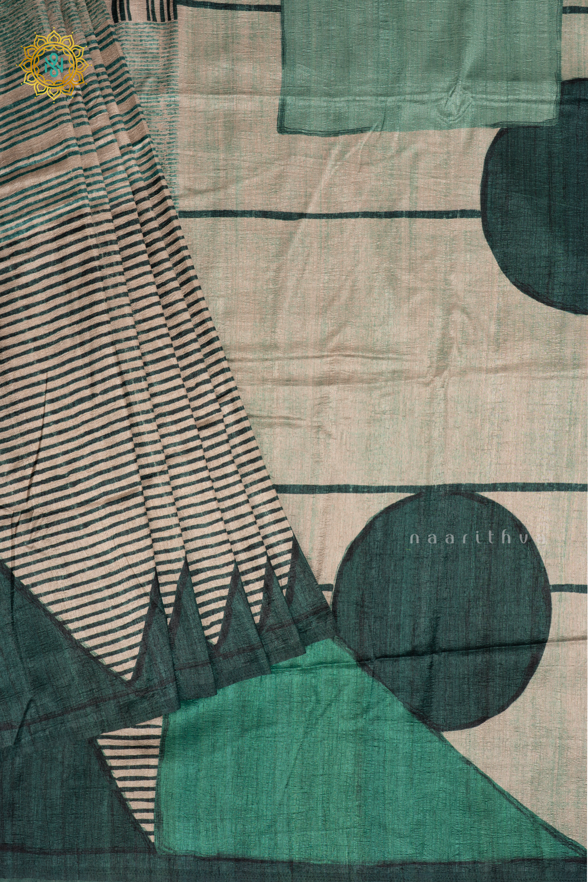 Off White with Green - Semi Gicha Tussar Silk Saree with Allover Printed Body, Pallu and Blouse