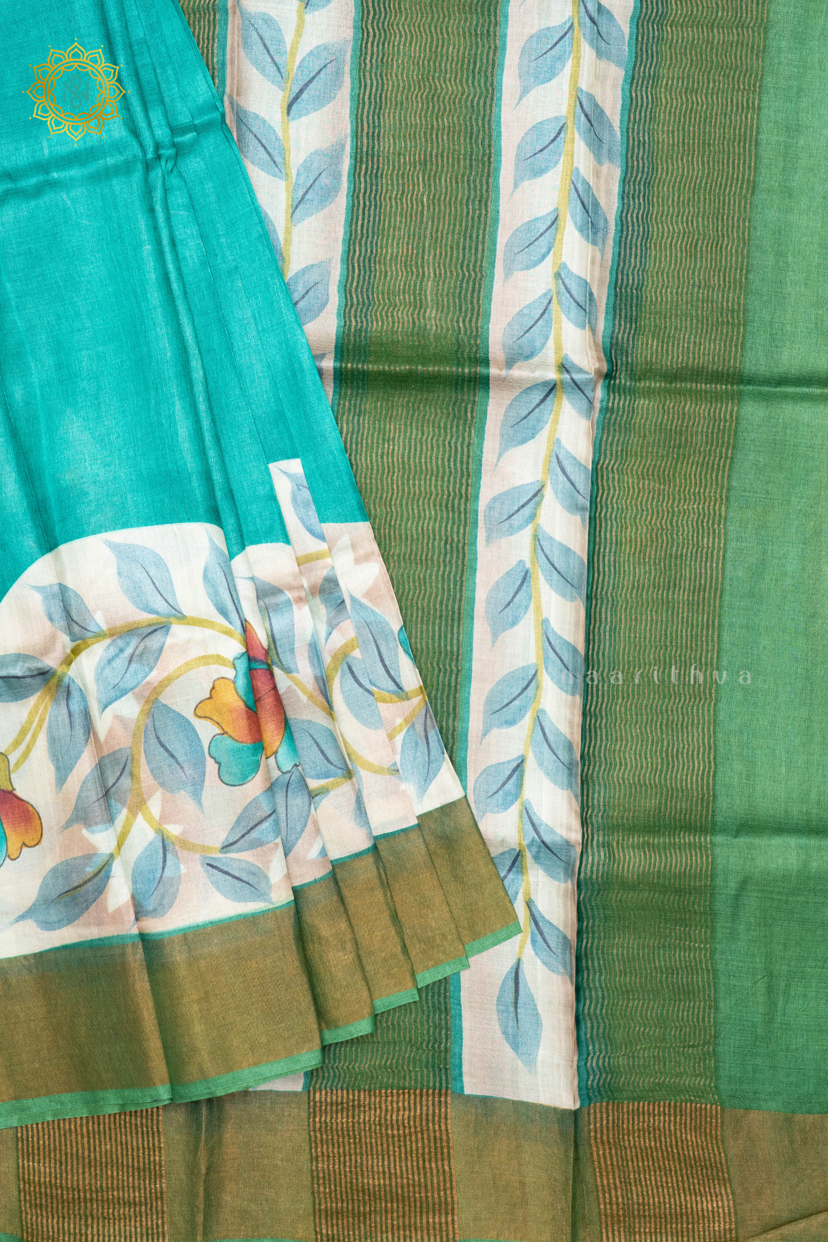AQUA GREEN WITH LIGHT GREEN - PURE TUSSAR SILK WITH HAND PAINTED