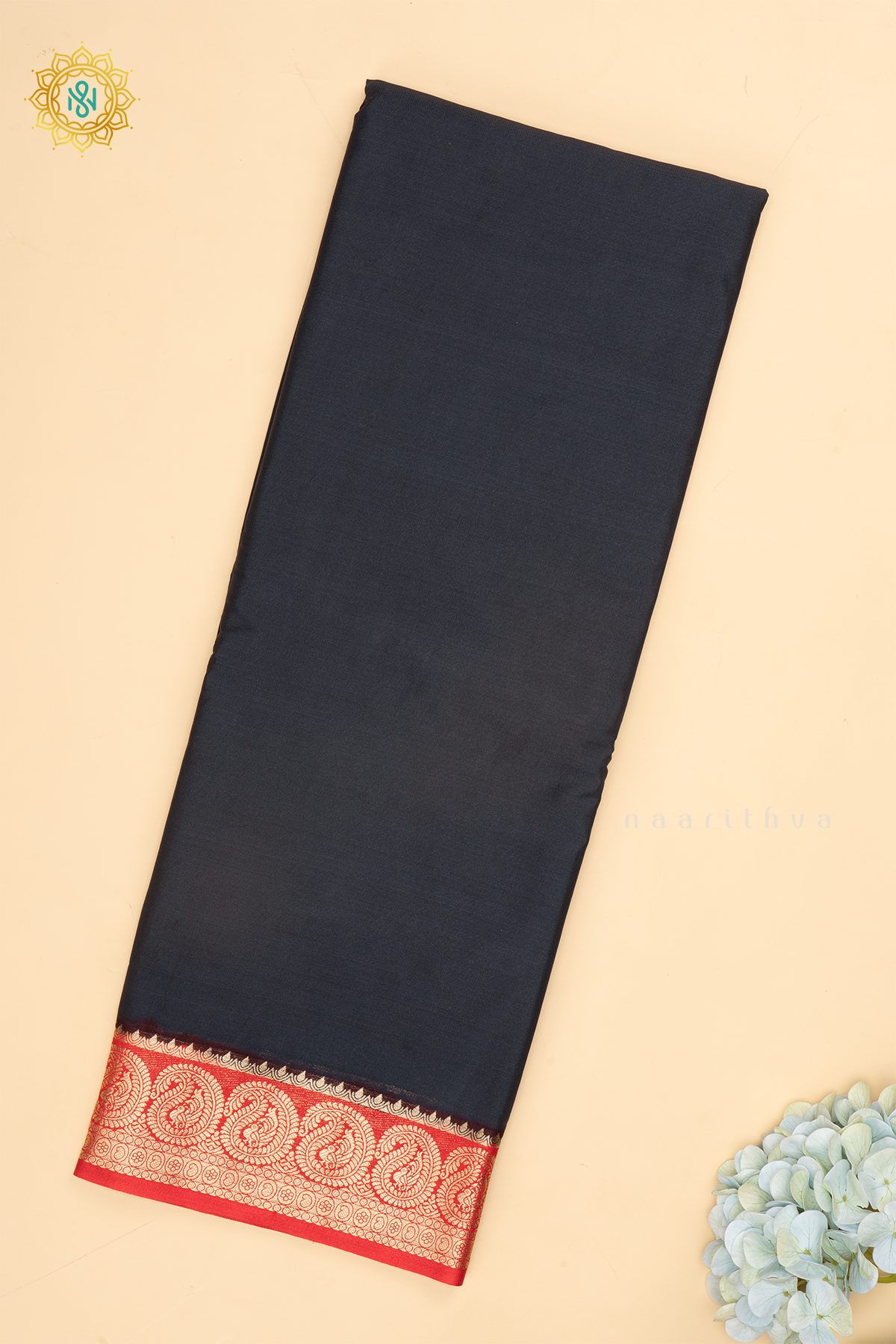 Elephant Grey With Red Semi Mysore Crepe Saree With Plain Body And Contrast Mango Zari Border