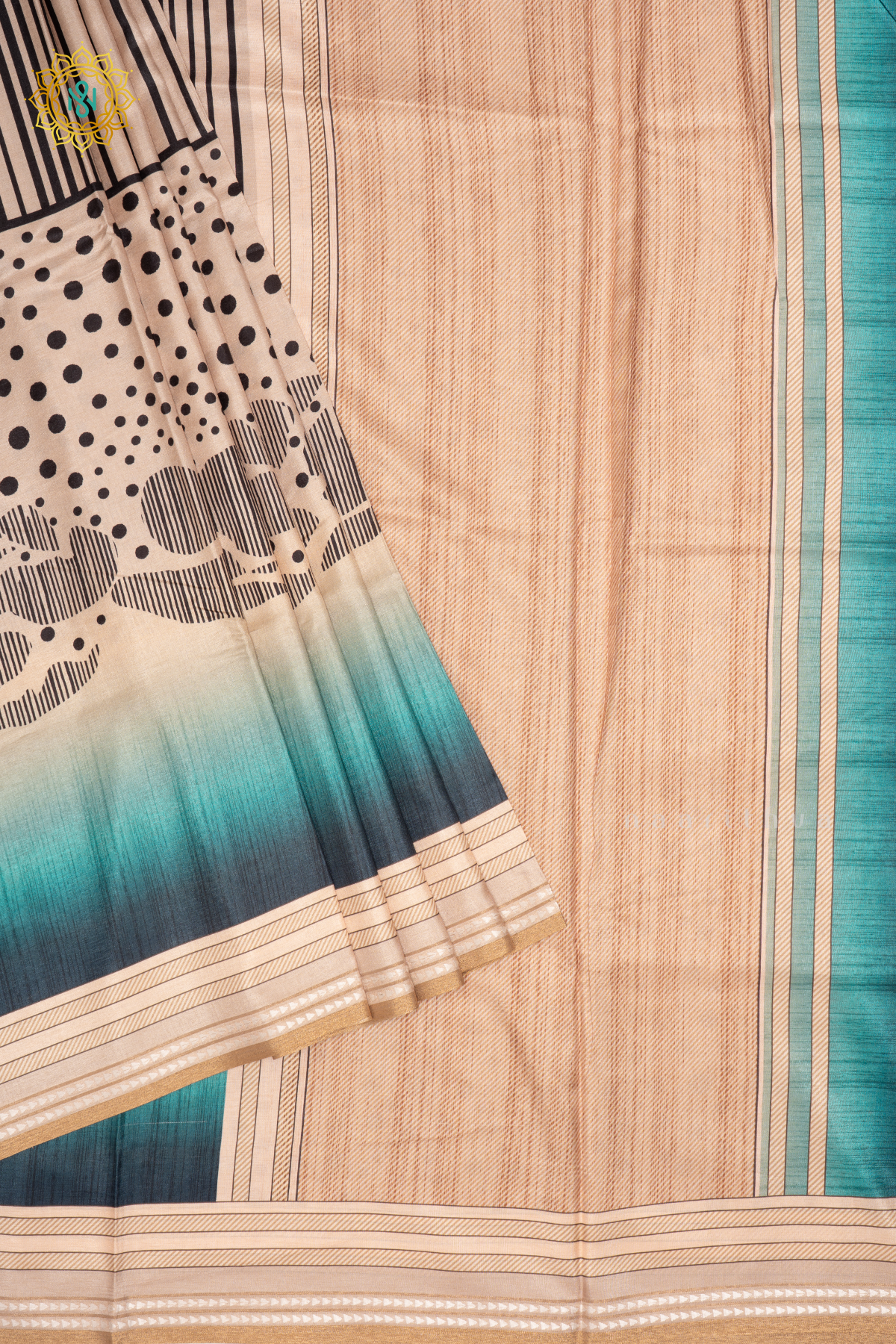 BEIGE WITH BLUE - SEMI CREPE SILK SAREE DIGITAL PRINTS AND ZARI WOVEN BORDER