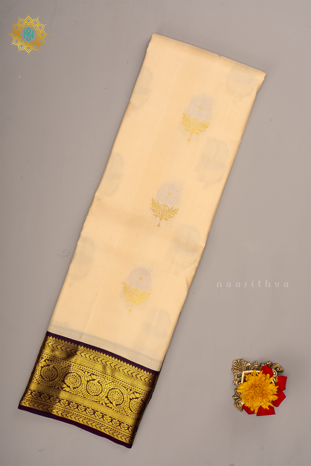 OFF WHITE WITH DEEP PURPLE - PURE KANJIVARAM SILK