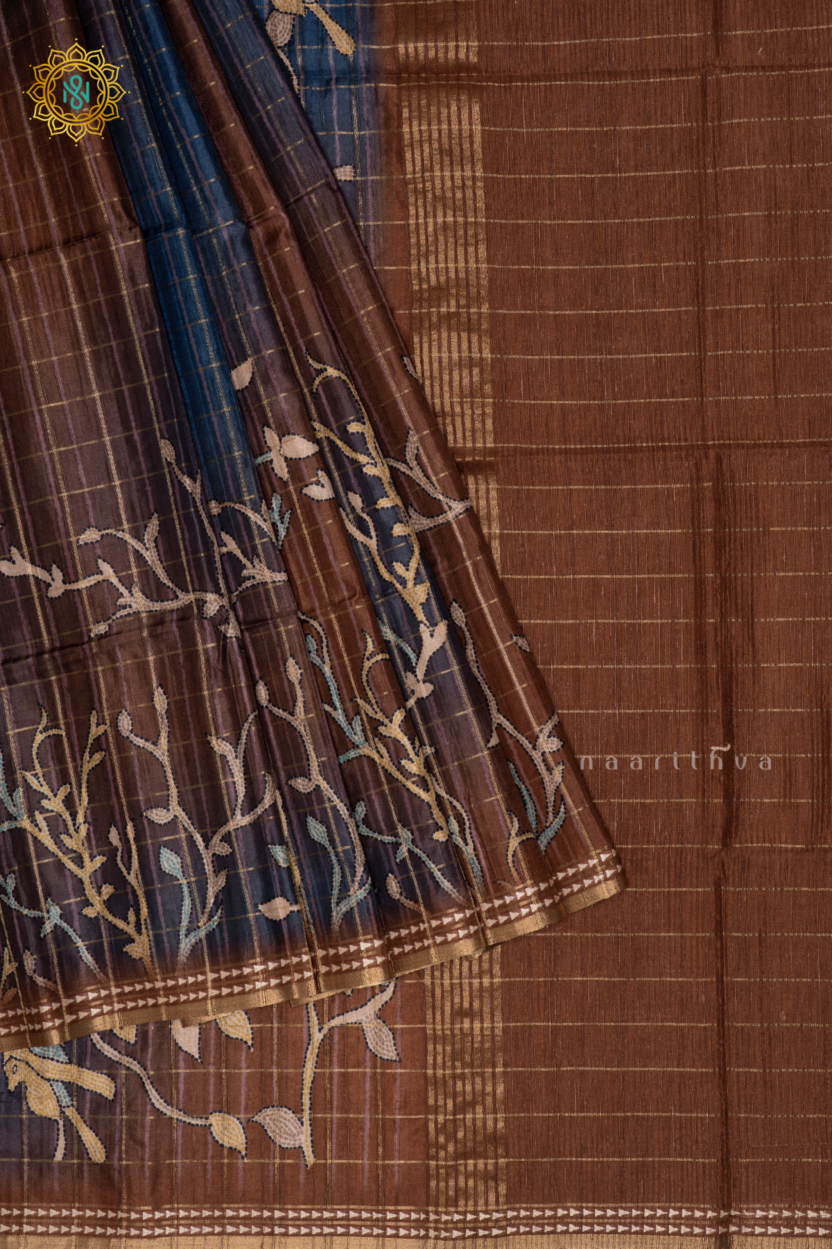 LIGHT BROWN - KOTHA TUSSAR SAREE WITH PRINTED AND ZARI CHECKS BODY, THREAD WOVEN BORDER