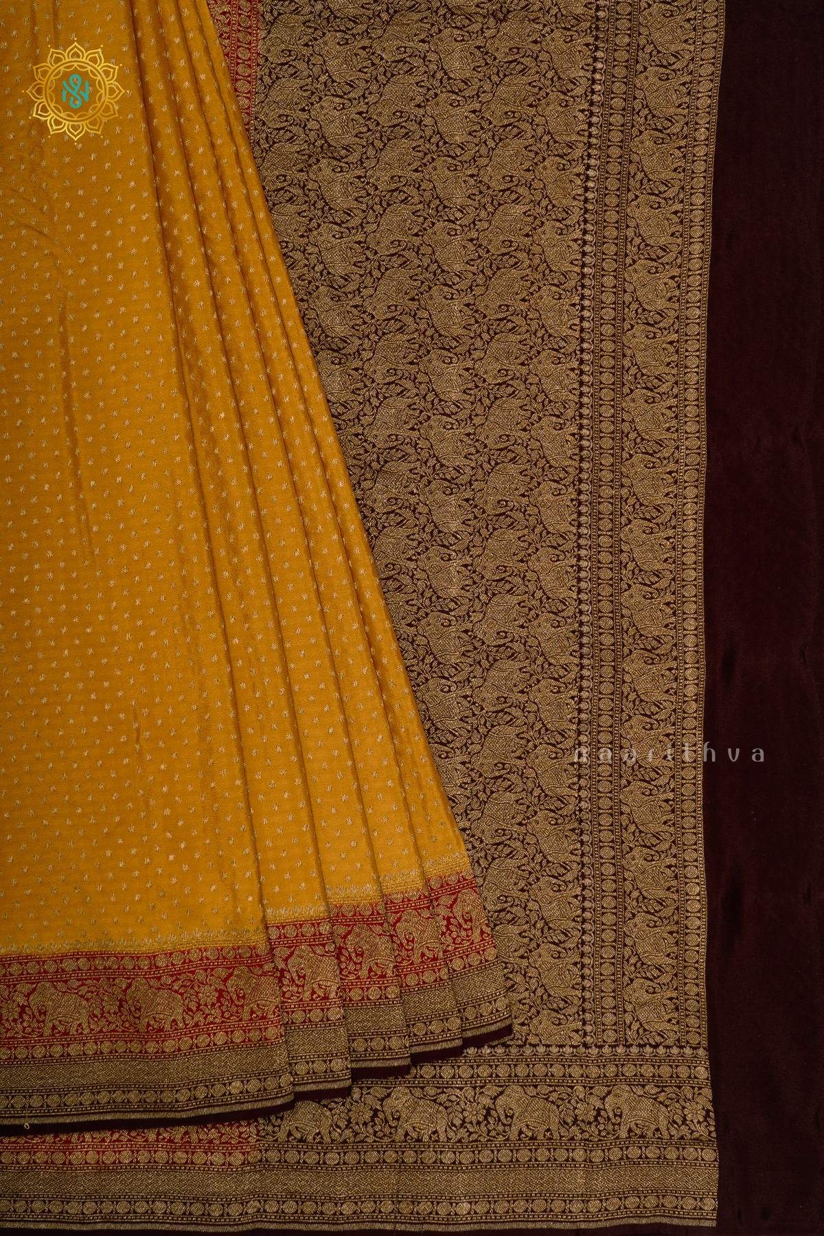 YELLOW WITH RED & BROWN - PURE BANARASI CREPE SILK