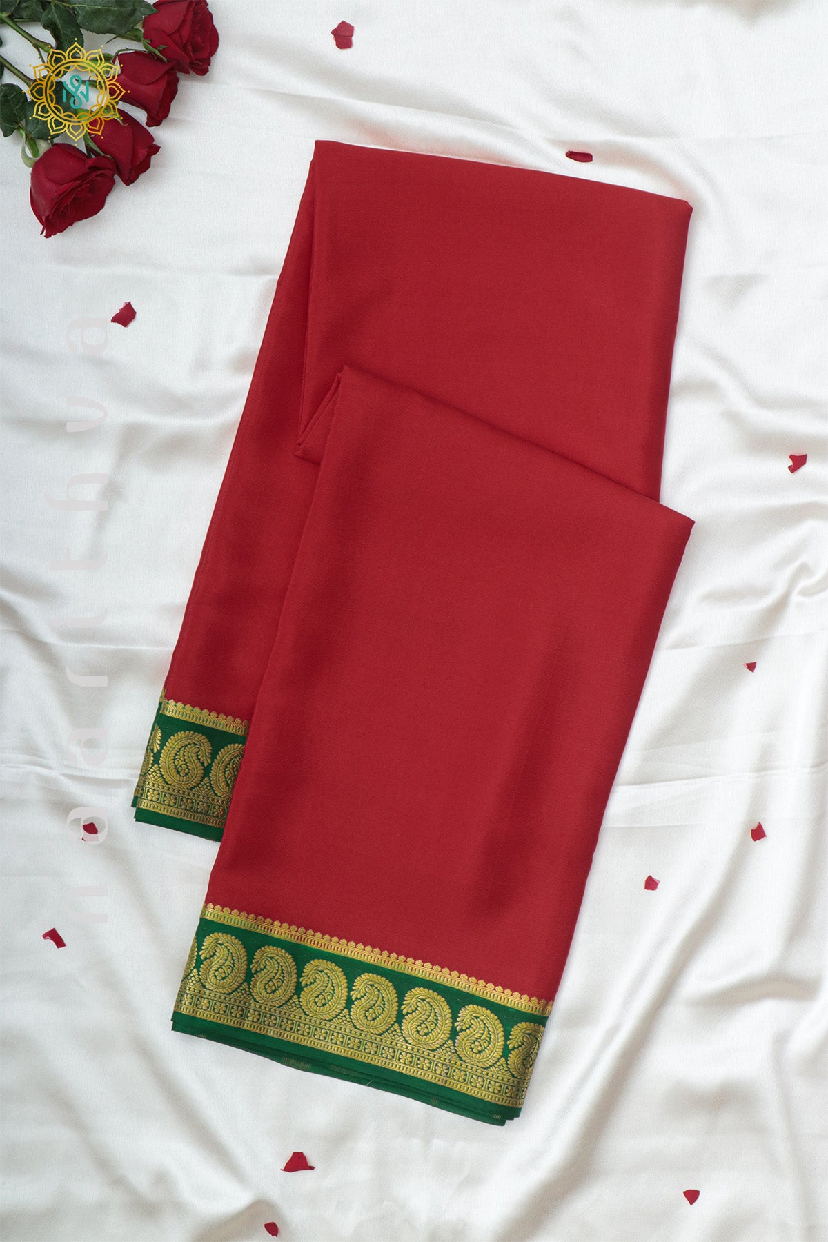 RED WITH GREEN - PURE MYSORE CREPE SILK