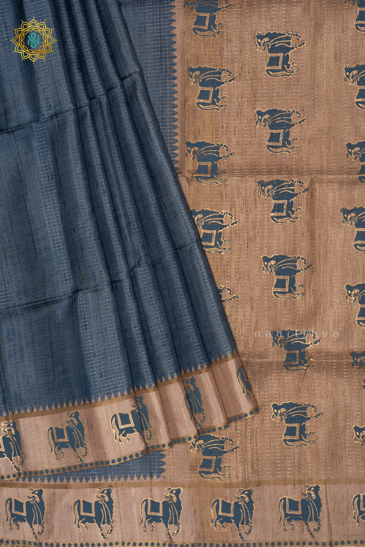Blue With Beige Semi Tussar Silk Saree With Zari Stripes On The Body, Printed Border And Contrast Blouse