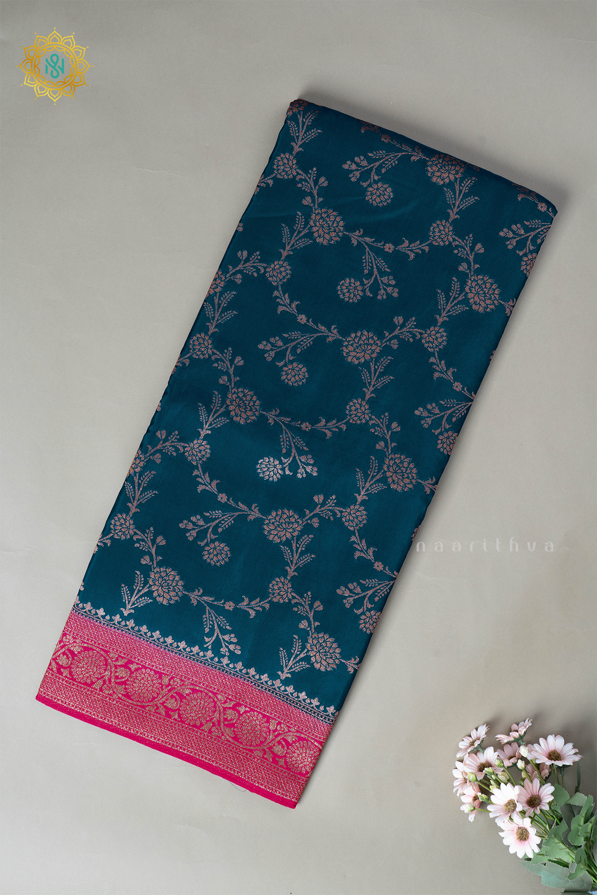 Peacock Blue with Rani Pink Semi Crepe Silk with Allover Woven Buttas and Contrast Zari Border,Pallu and Blouse