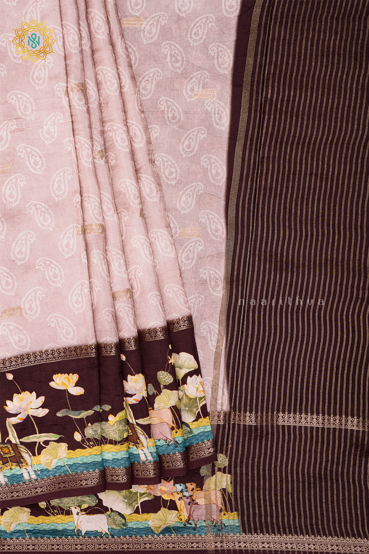 PEACH WITH BROWN - SEMI CREPE SILK