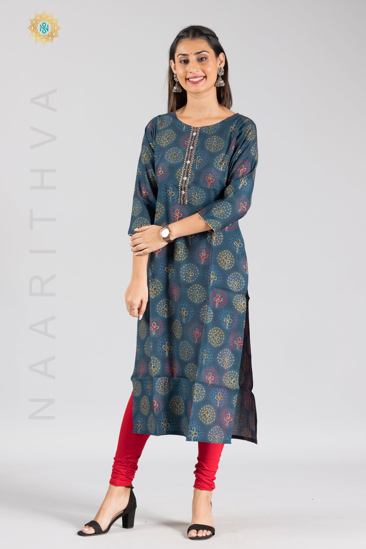 BLUE - MODAL SILK CASUAL PRINTED STRAIGHT CUT KURTI WITH NECK EMBROIDERY