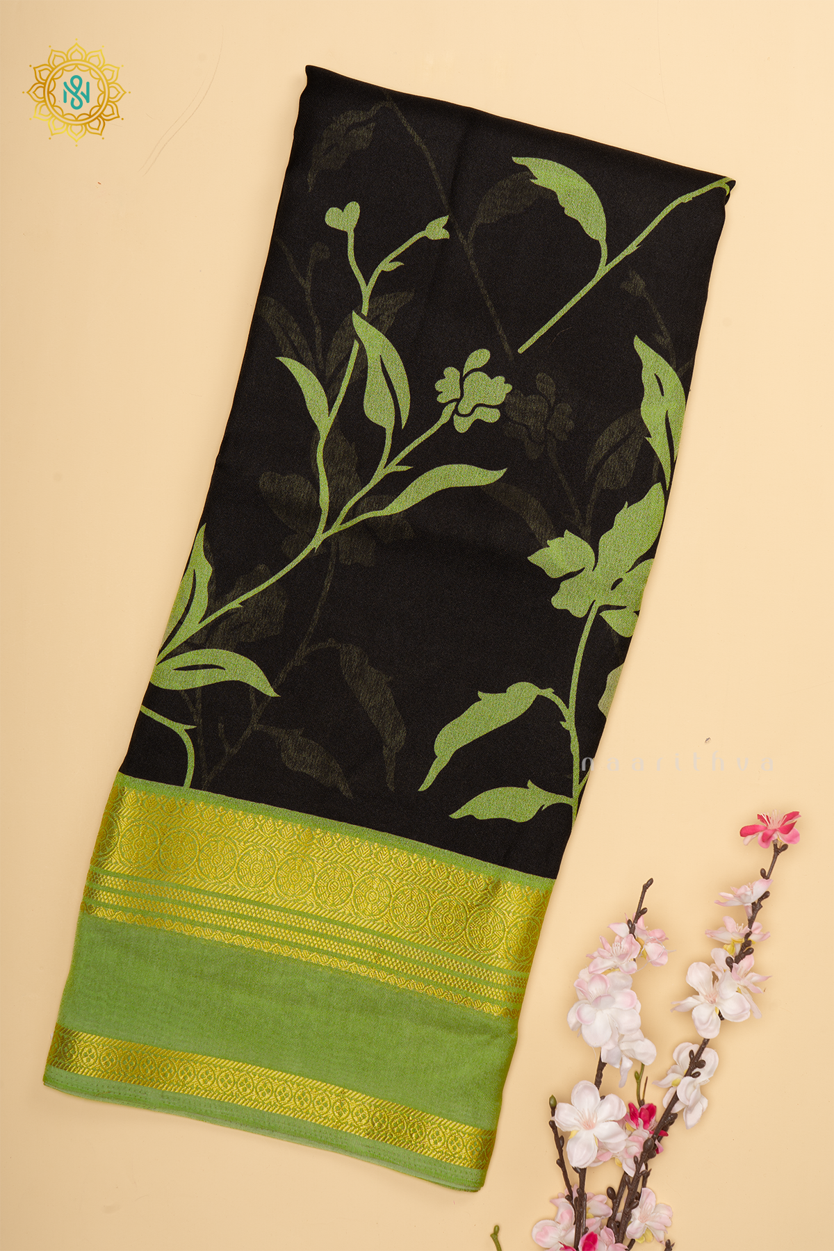 BLACK WITH GREEN - SEMI GEORGETTE