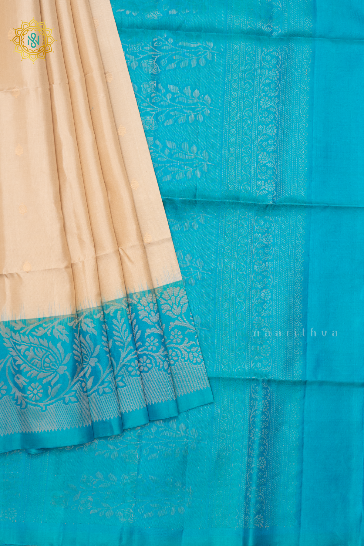 OFF WHITE WITH SKY BLUE - PURE KANJIVARAM SOFT SILK