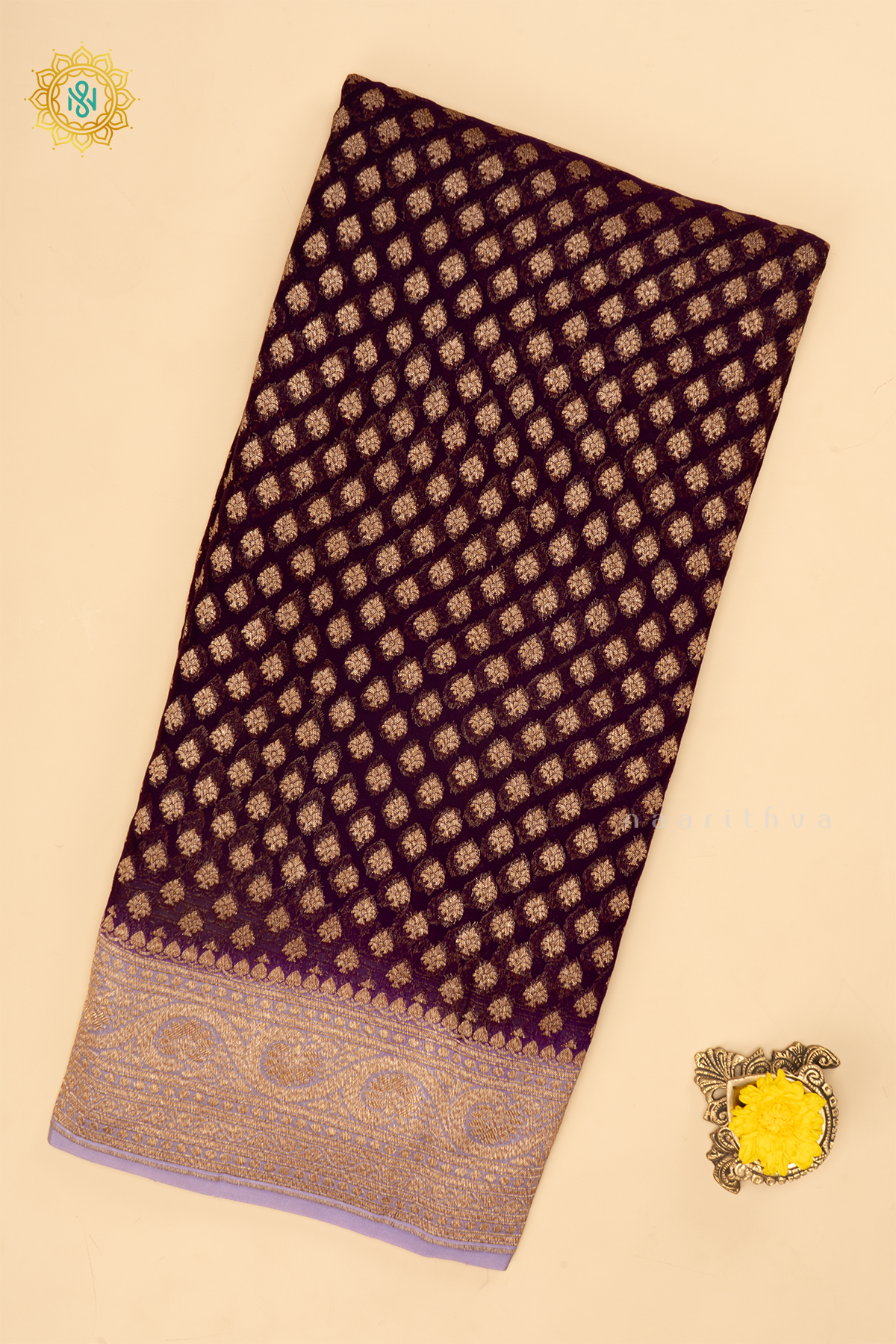 PURPLE WITH LAVENDER - PURE BANARASI KHADDI GEORGETTE SAREE ALLOVER ZARI WOVEN BUTTAS AND  CONTRAST ZARI WOVEN BORDER