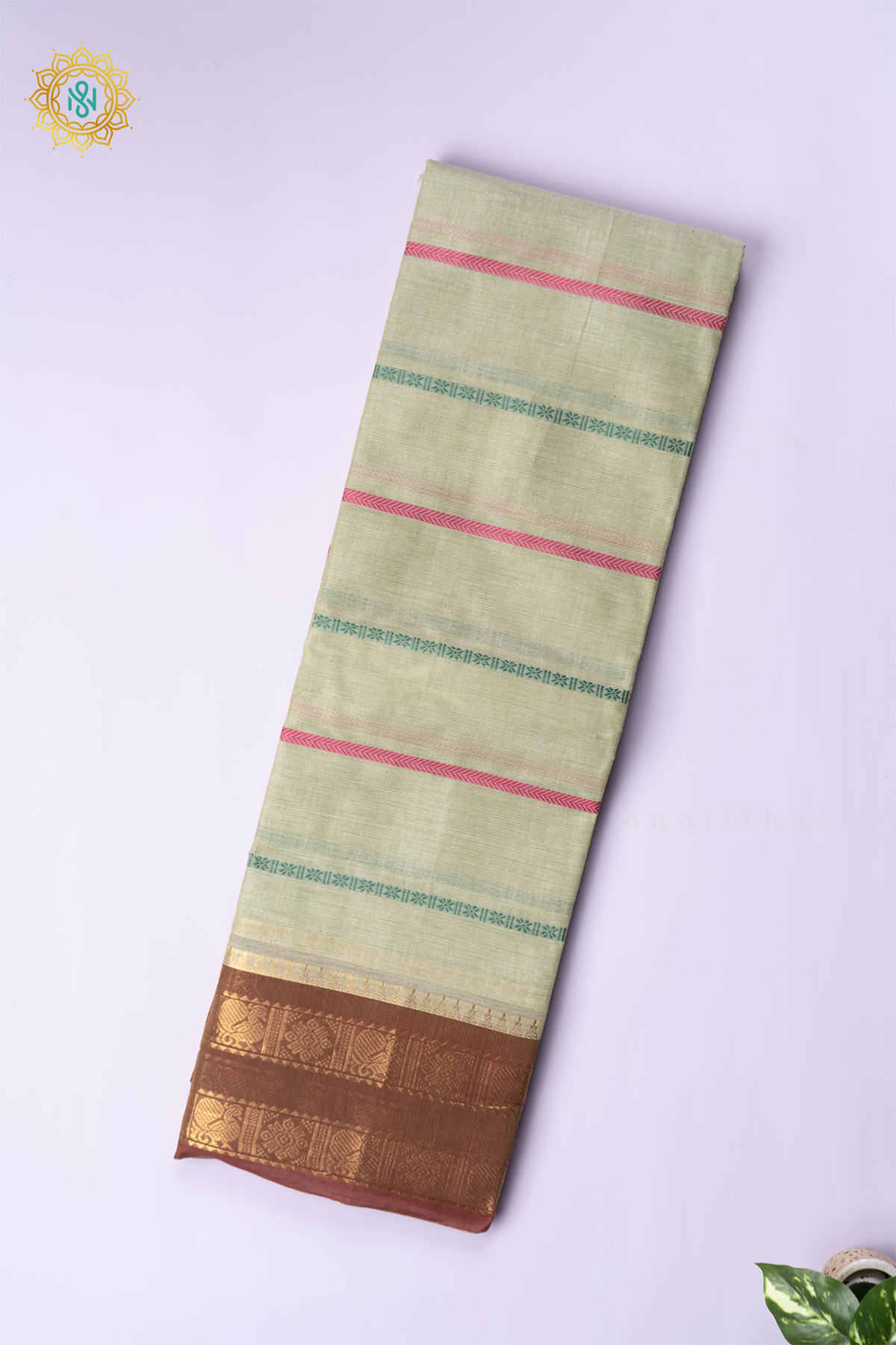 SAGE GREEN WITH BROWN - CHETTINAD COTTON