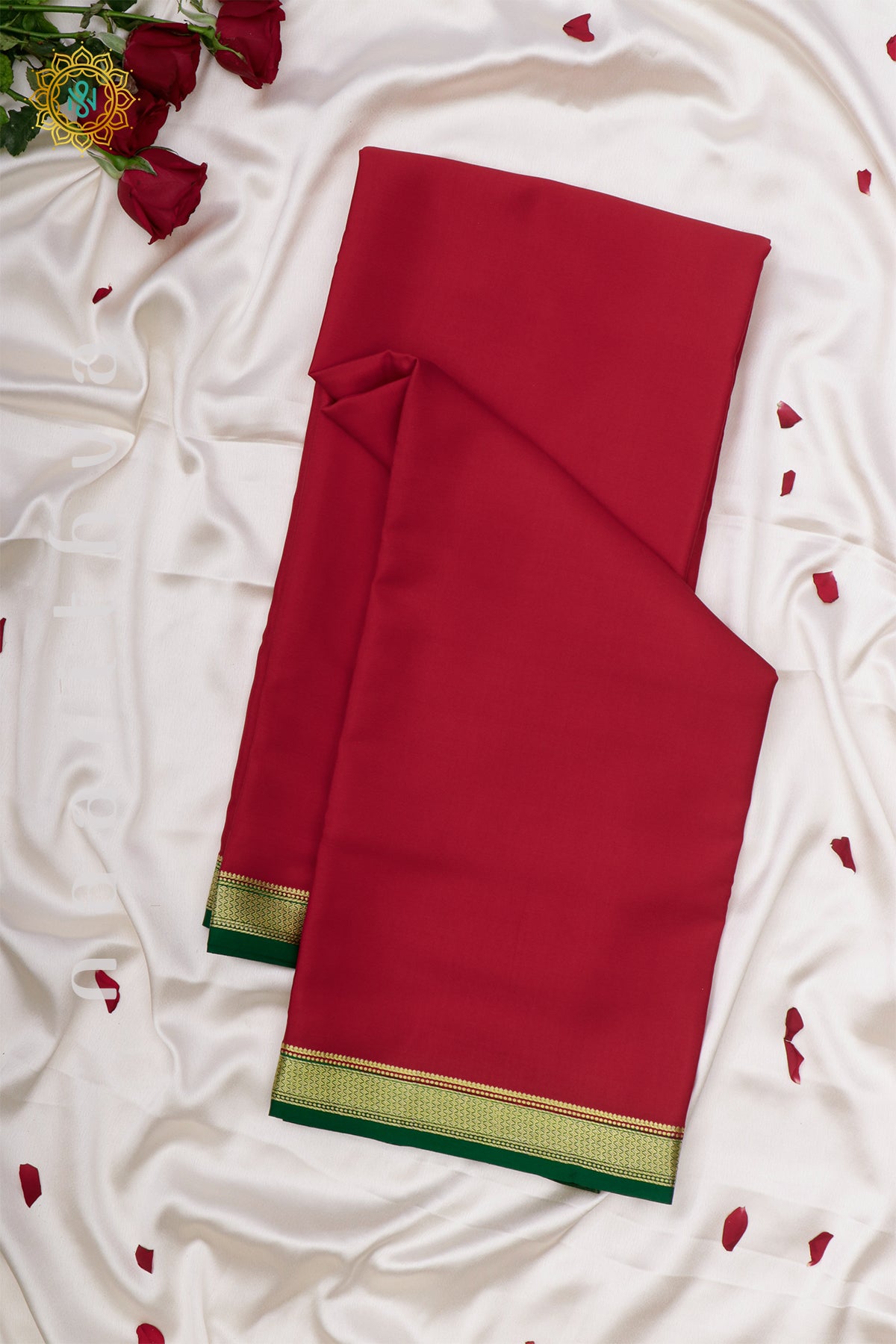 RED WITH GREEN - PURE MYSORE CREPE SILK