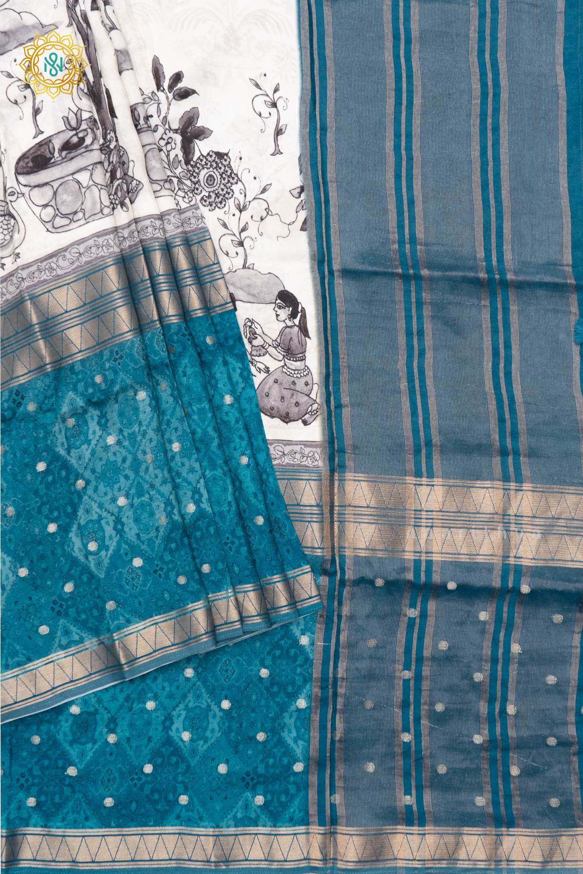 WHITE WITH SKY BLUE - SEMI CREPE SILK