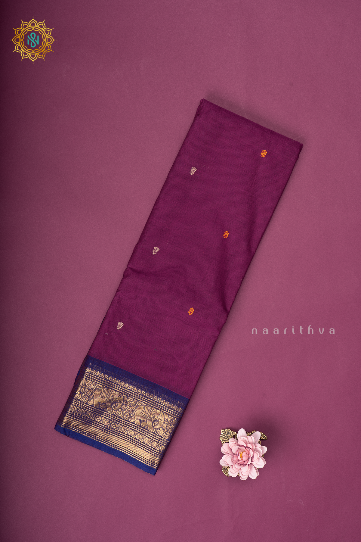 Magenta With Blue Chettinad Cotton Saree With Thread Woven Buttas & Contrast Border